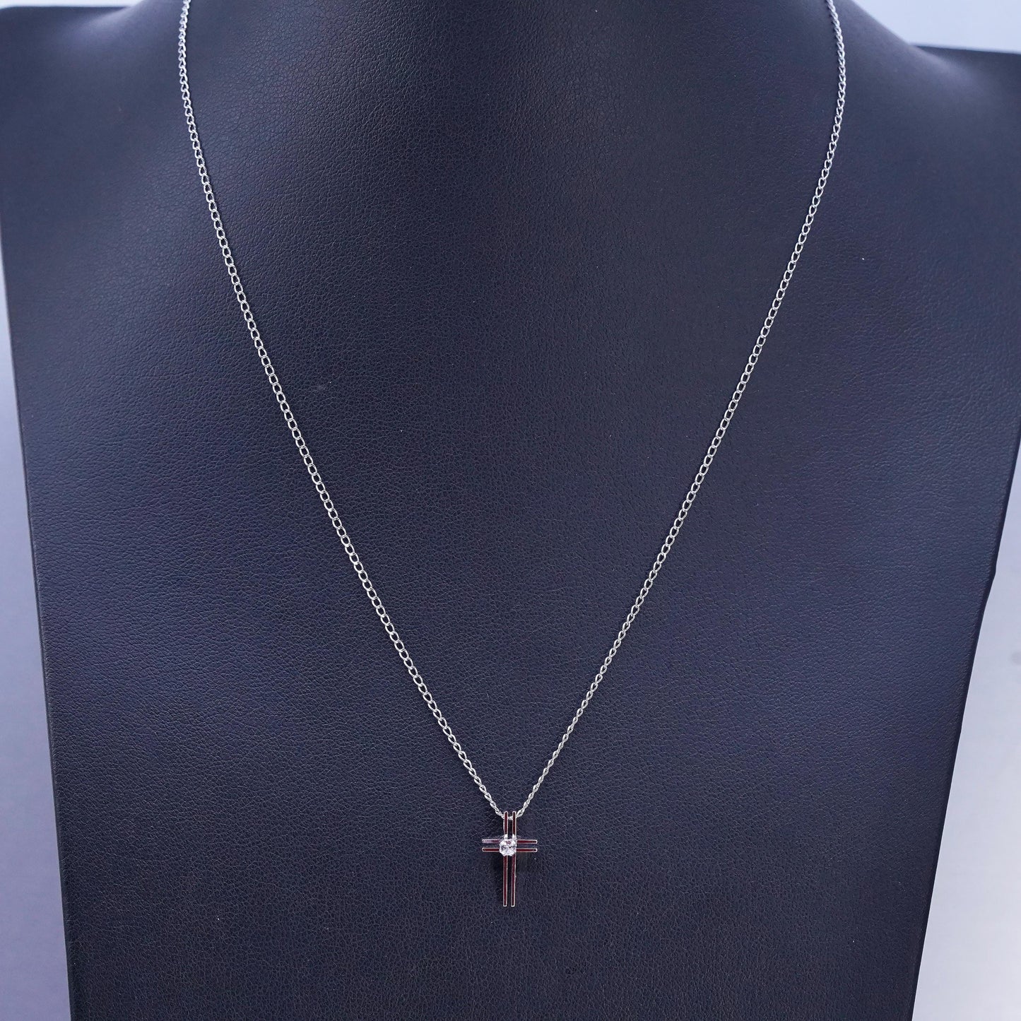 16", vintage Sterling 925 silver handmade curb necklace with cz cross pendant