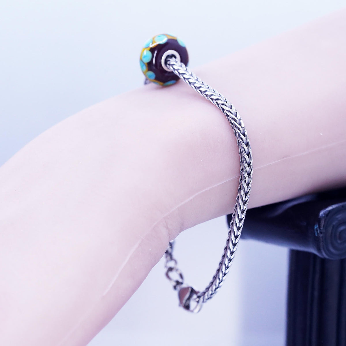 7” trollbead LAA sterling silver bracelet, bold 925 wheat artisan glass charms