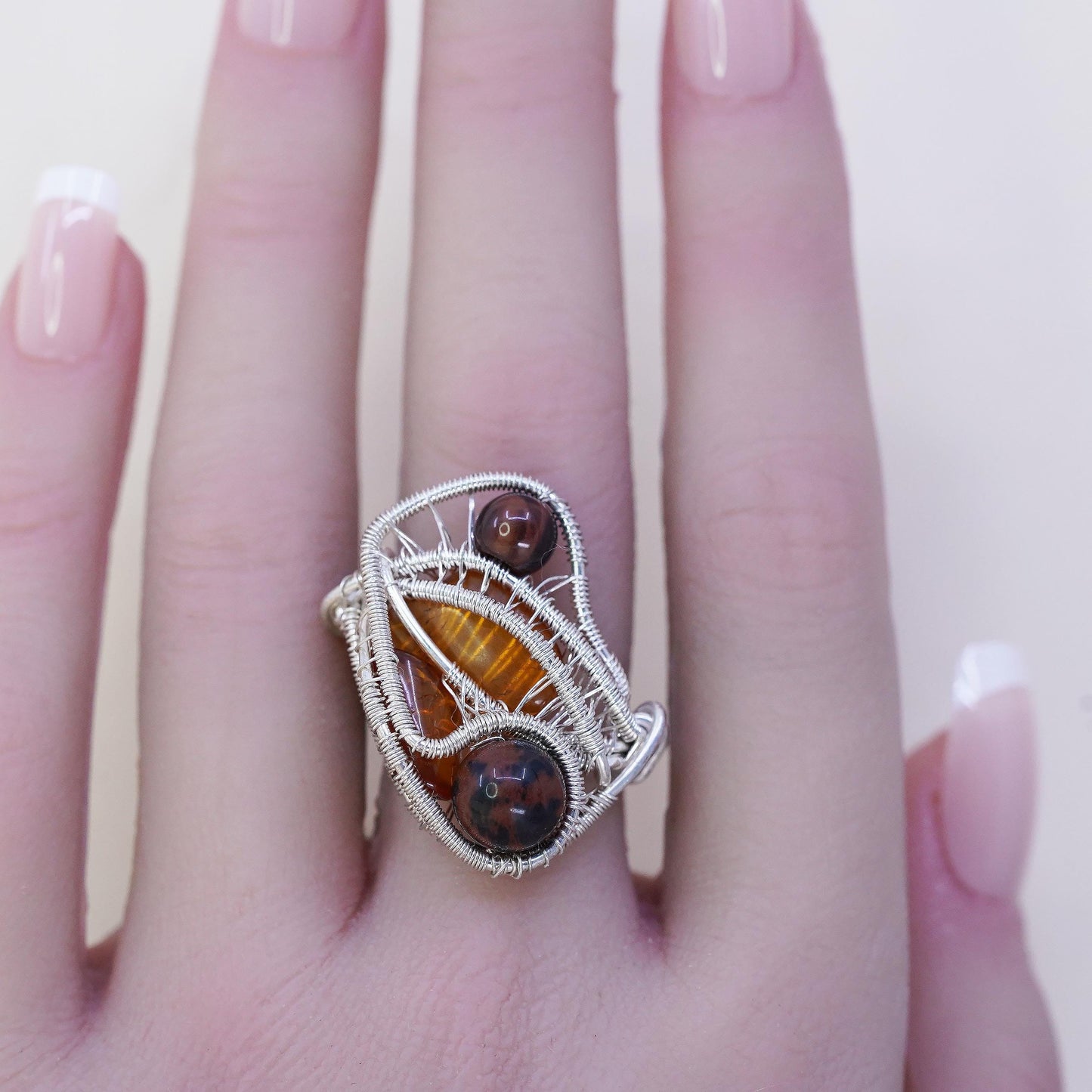 Size 9.5, vintage sterling 925 silver handmade wired ring with amber beads