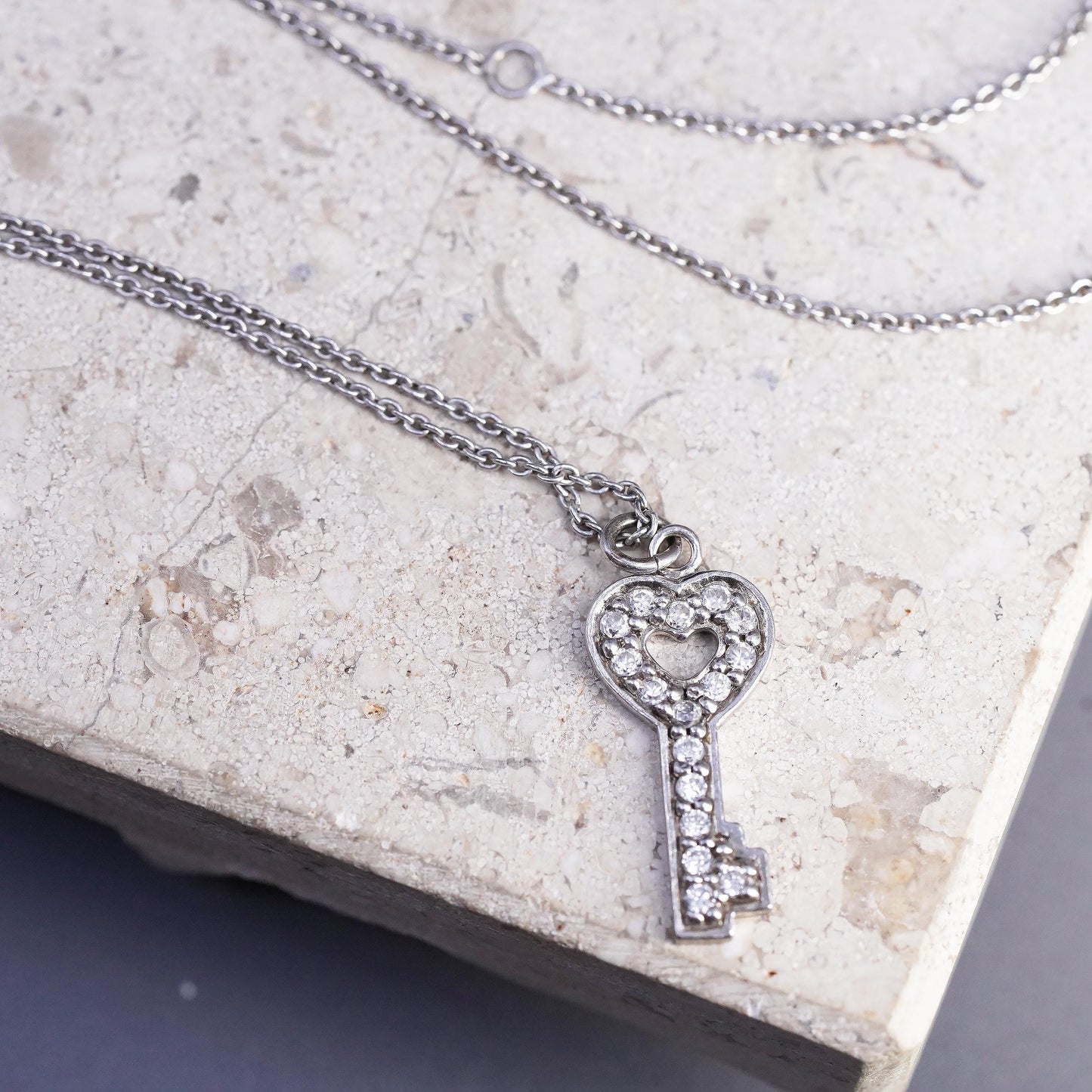 18+4", vintage Sterling silver circle chain necklace, 925 key charm cluster cz
