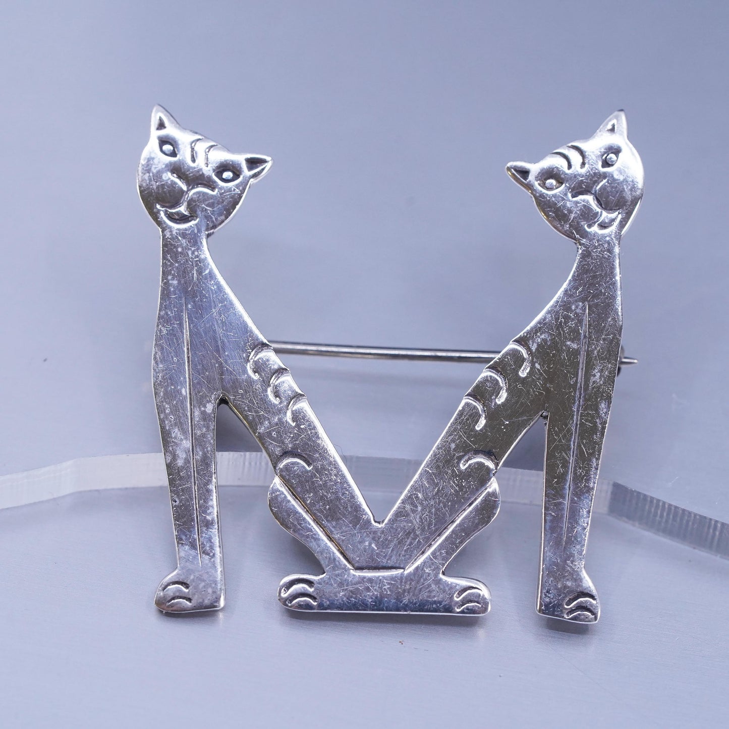 Vintage sterling silver handmade brooch, 925 letter M kitty cat pin