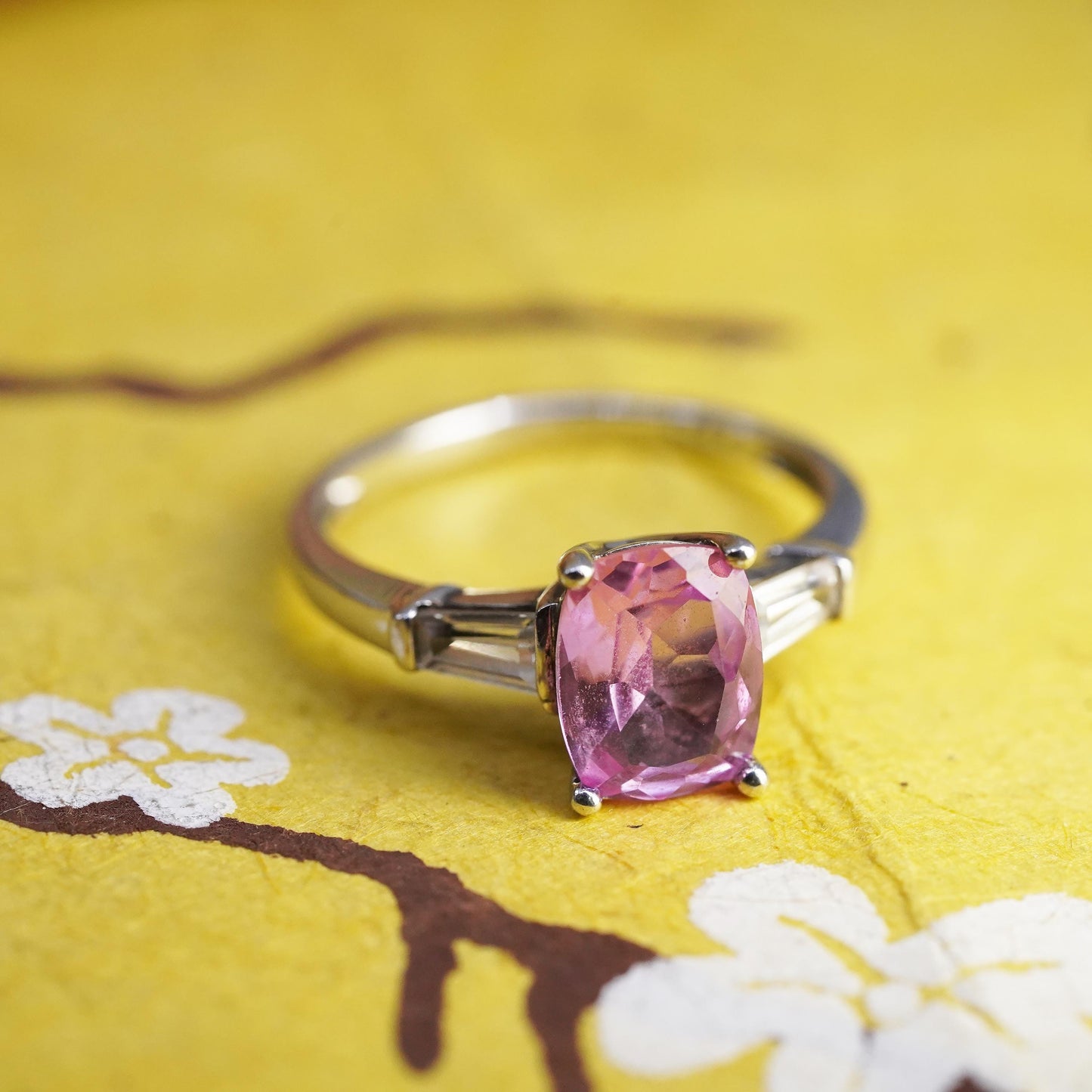 Size 7.25, vintage Sterling silver handmade ring, 925 band pink white sapphire