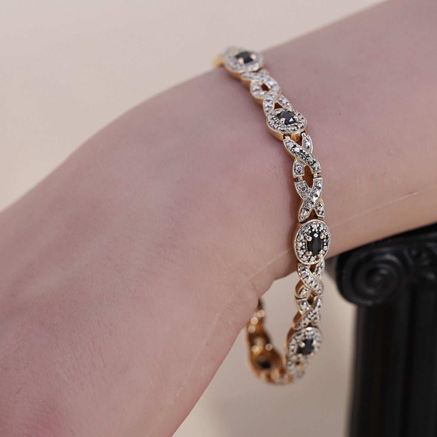 7.25”, vermeil gold sterling silver tennis bracelet, 925 oval sapphire diamond
