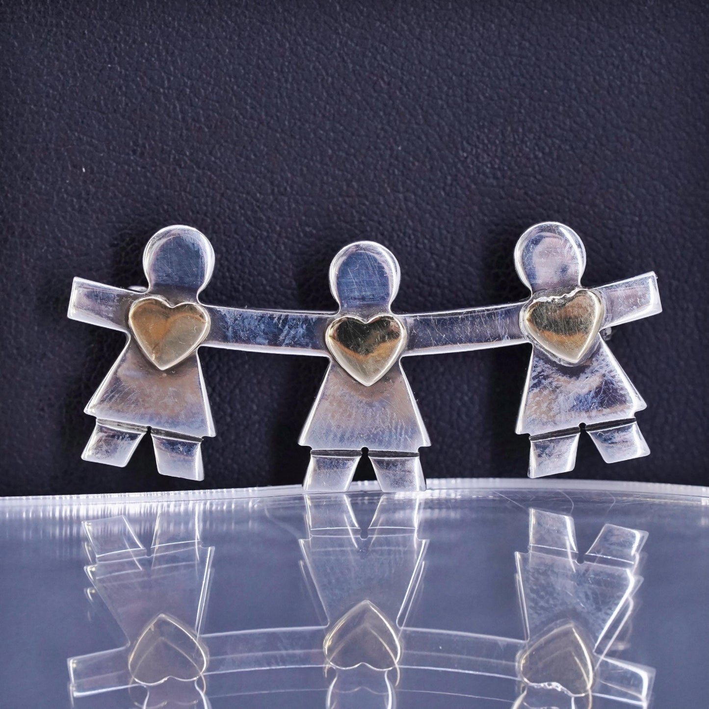 Naldo two tone sterling silver brooch, girls holding hands gold heart, 925 pin
