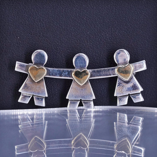 Naldo two tone sterling silver brooch, girls holding hands gold heart, 925 pin