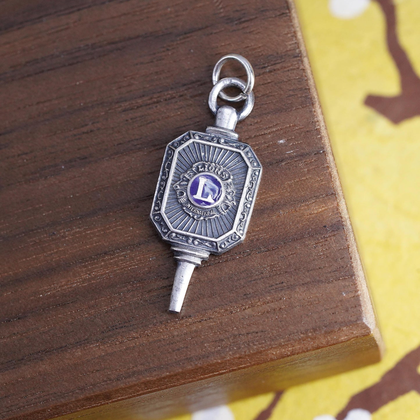 Vintage Lions Clubs International 925 Sterling Silver Key Charm, Lions Club Watch Fob Pendant, Purple Enamel Fraternal Jewelry, stamped Ster