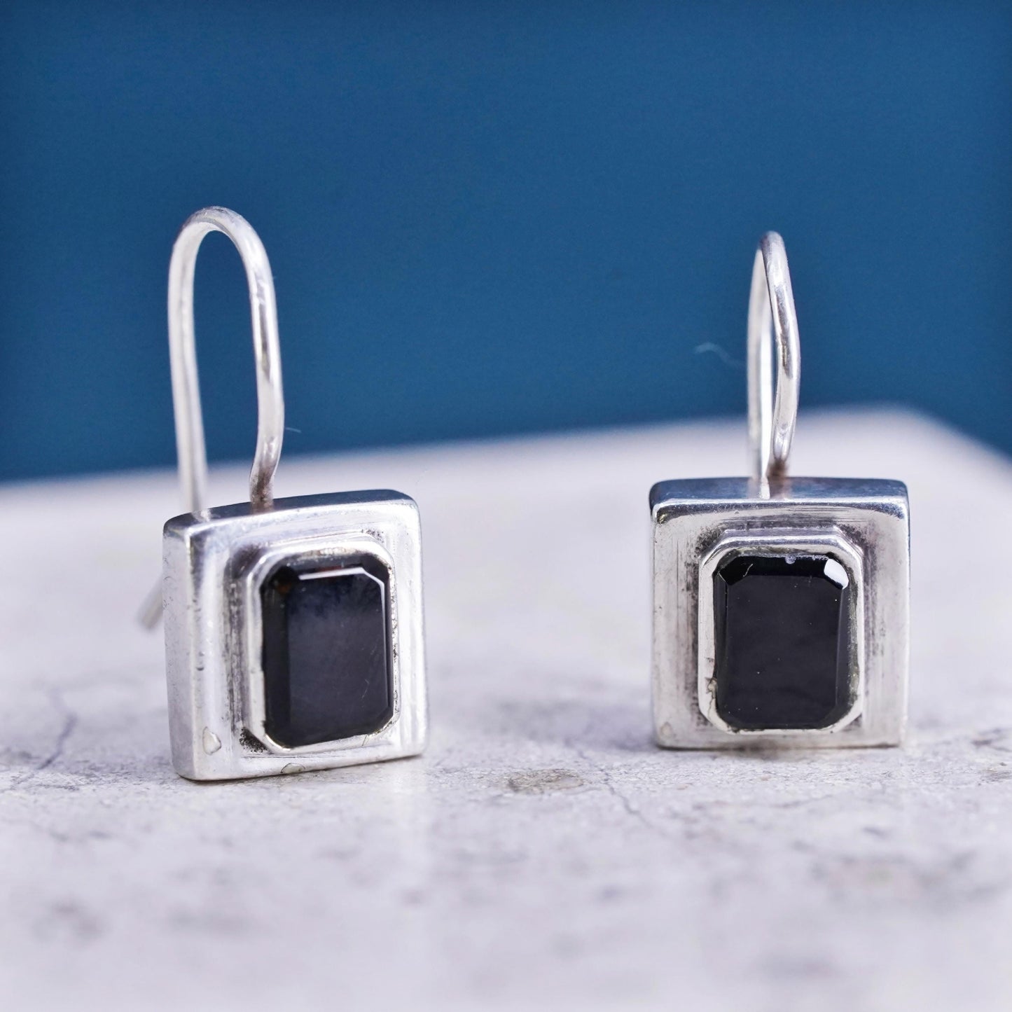 Vintage Sterling Silver 925 handmade earrings with square Black Onyx