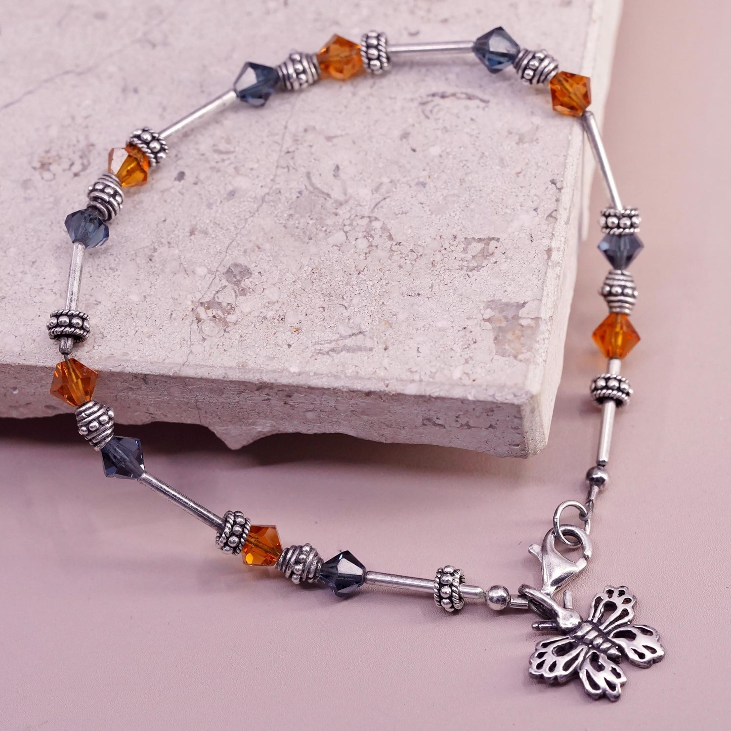 8.5”, Vintage sterling 925 silver bracelet with crystal beads butterfly charm