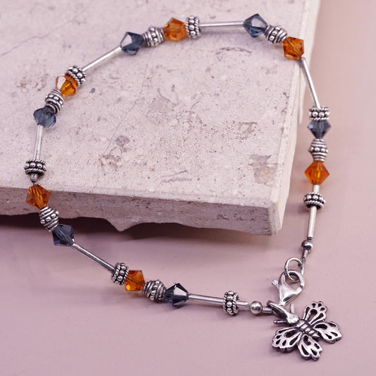 8.5”, Vintage sterling 925 silver bracelet with crystal beads butterfly charm
