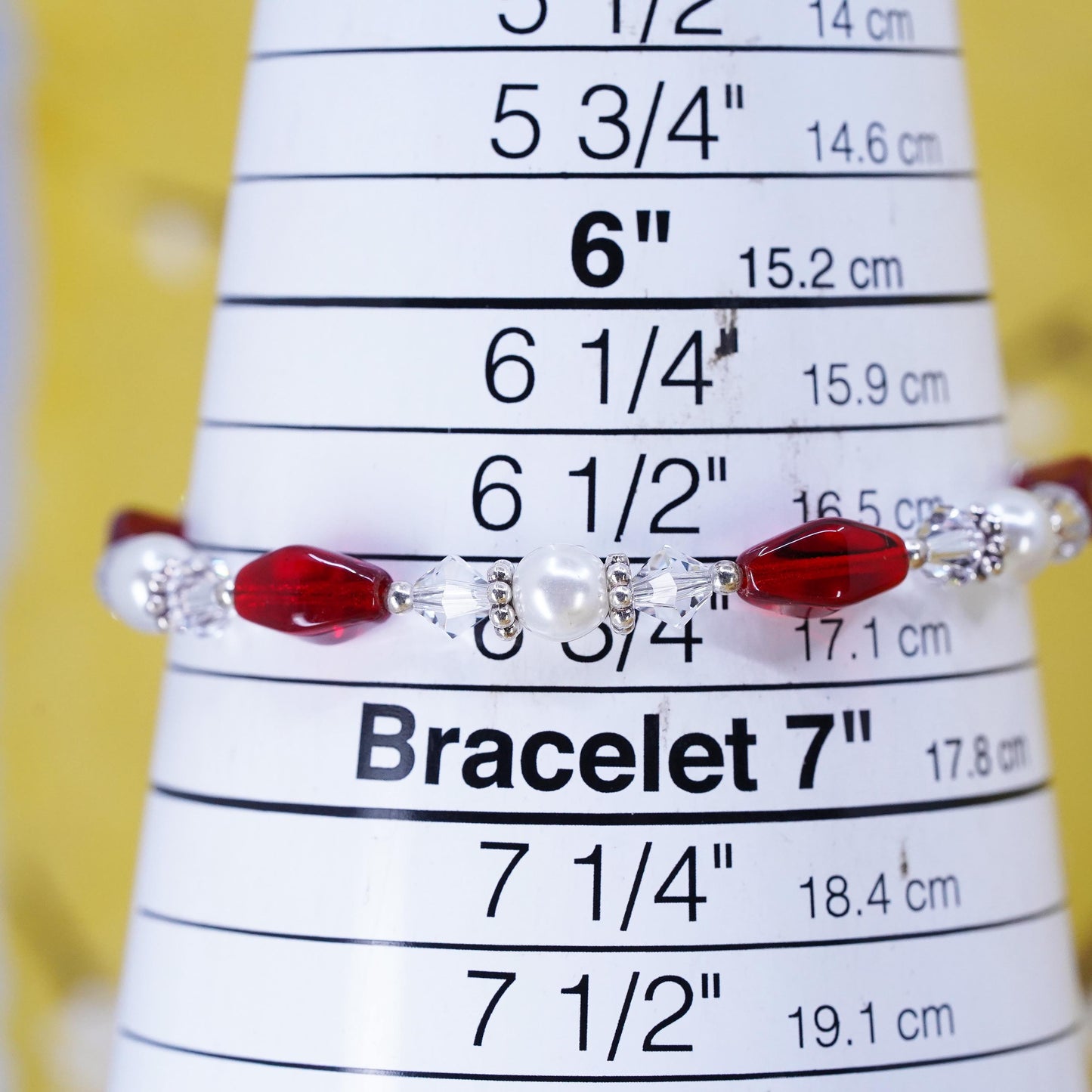 6.75”, Vintage Sterling 925 silver beads bracelet with pearl red crystal beads