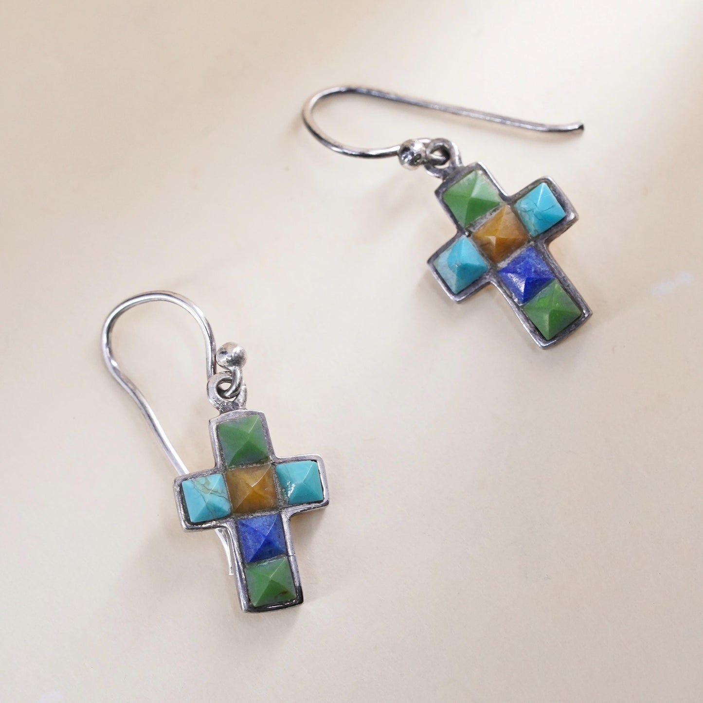 Native American Sterling 925 silver handmade earrings, cross coral turquoise