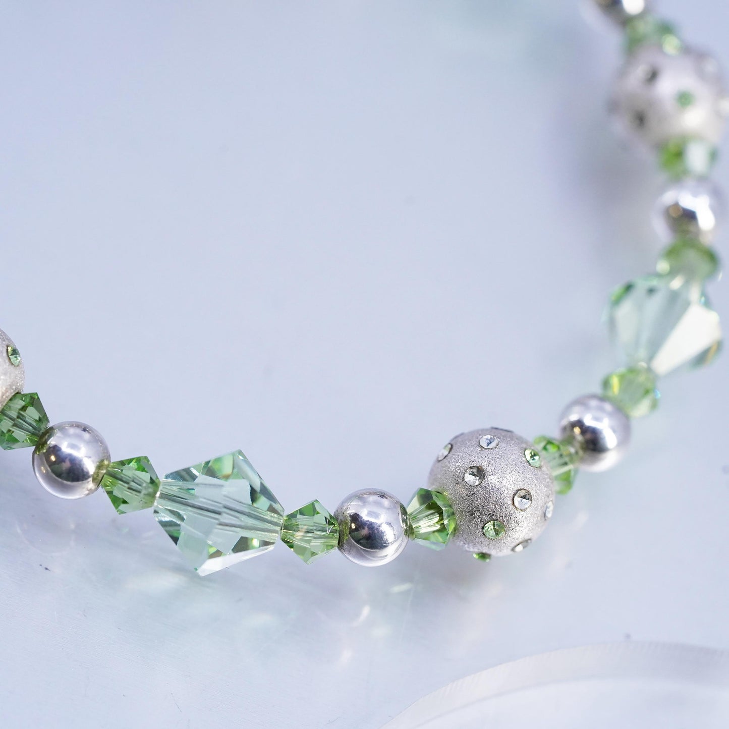 7", vintage Sterling 925 silver bracelet w/ green crystal beads toggle closure