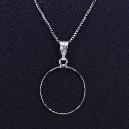 18", vintage Sterling 925 silver box pendant necklace with circle pendant