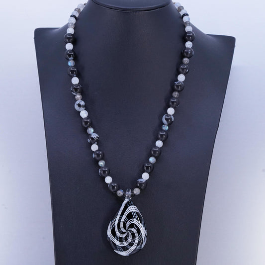 16+2", Sterling Silver 925 necklace with fossil coral labradorite glass pendant