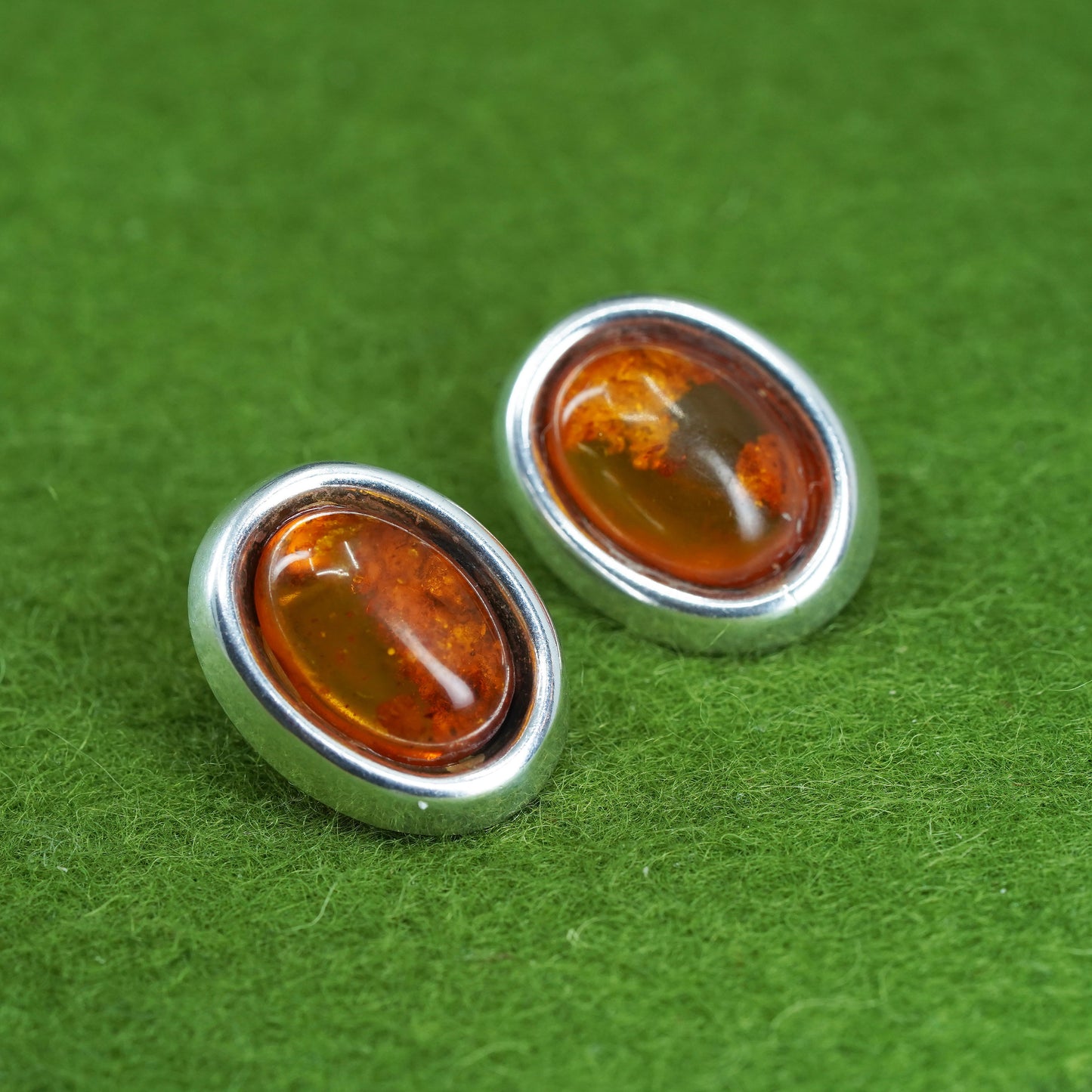 Vintage Sterling 925 silver handmade earrings with oval Amber studs