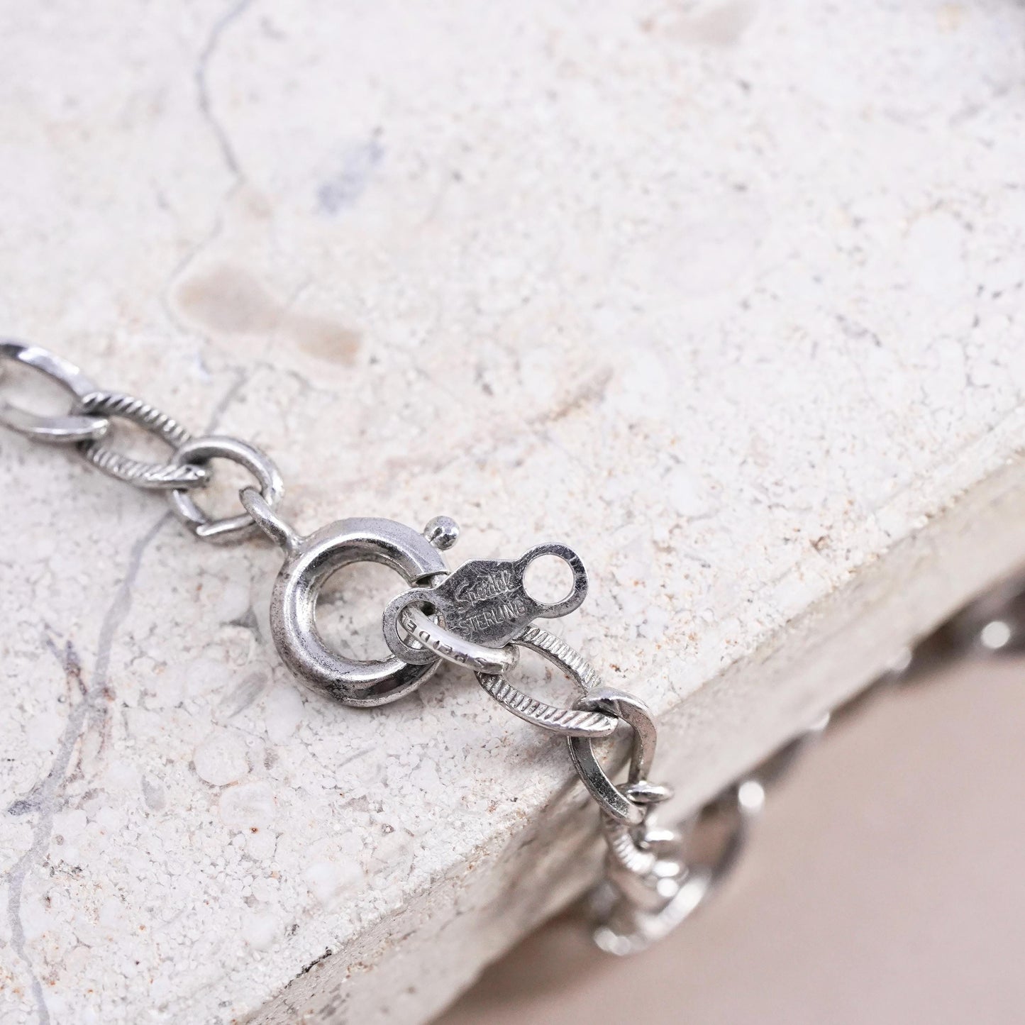18”, vintage Sterling silver necklace, textured 925 curb chain diamond dangles