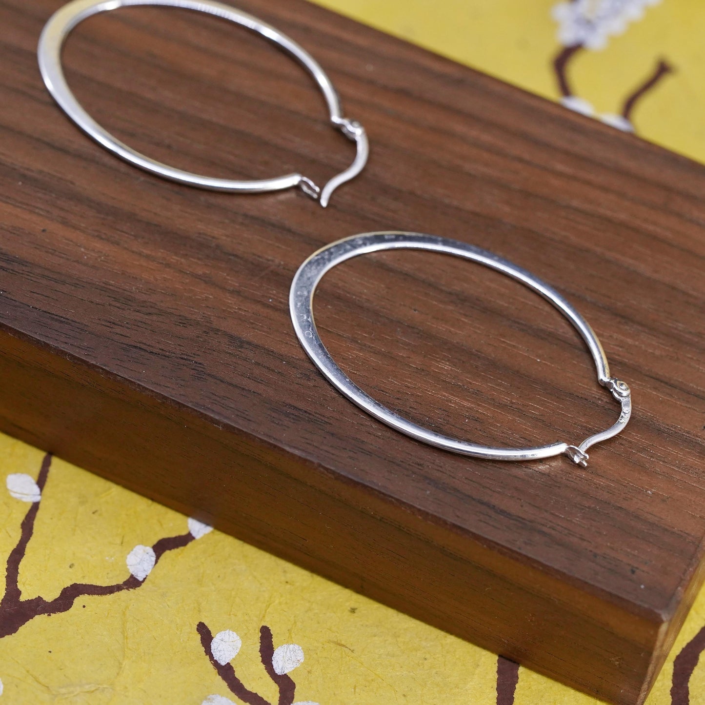 1.75", vintage Sterling silver handmade earrings, 925 flatten oval hoops
