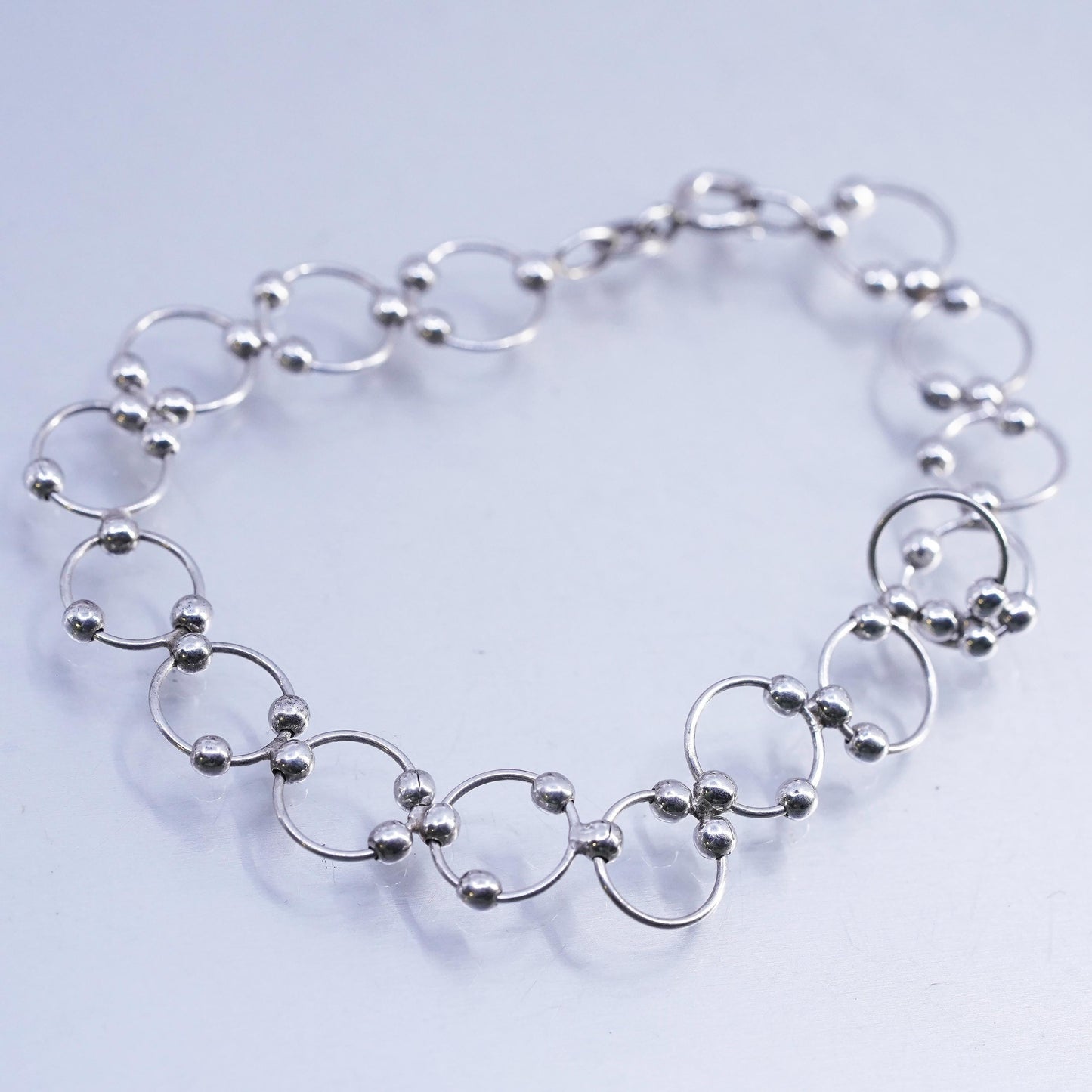 6.75" 10mm, Vintage Jewelry Sterling 925 silver bracelet, circle chain w/ beads