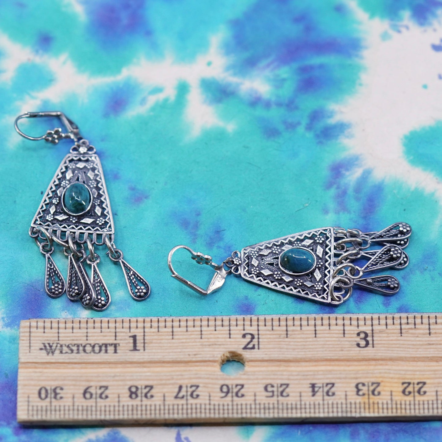 Vintage Sterling silver handmade earrings, 925 Filigree teardrops w/ turquoise