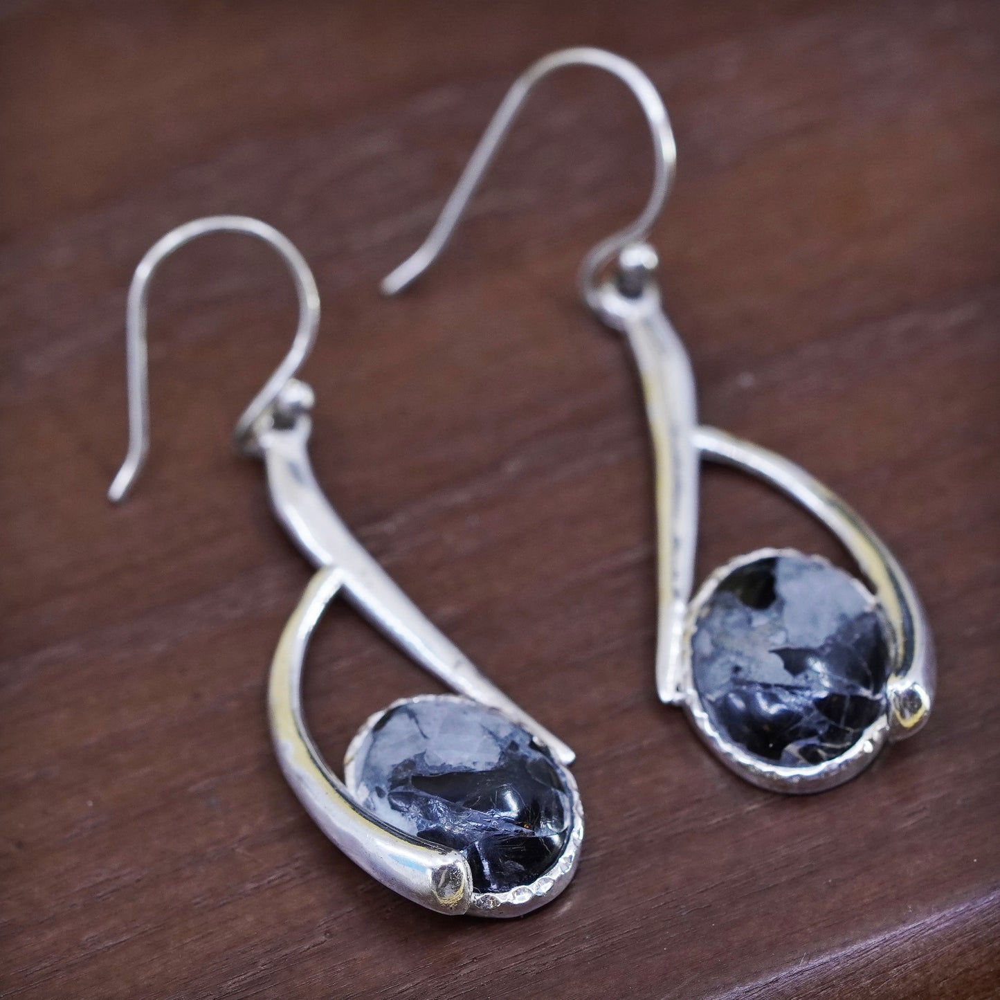 Vintage sterling silver 925 handmade earrings with larvikite inlay