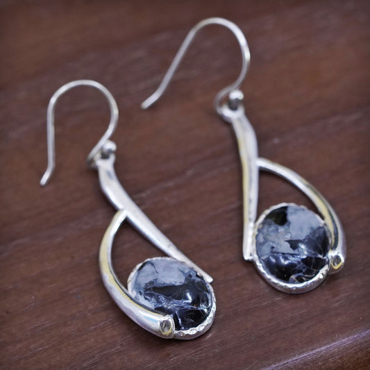 Vintage sterling silver 925 handmade earrings with larvikite inlay
