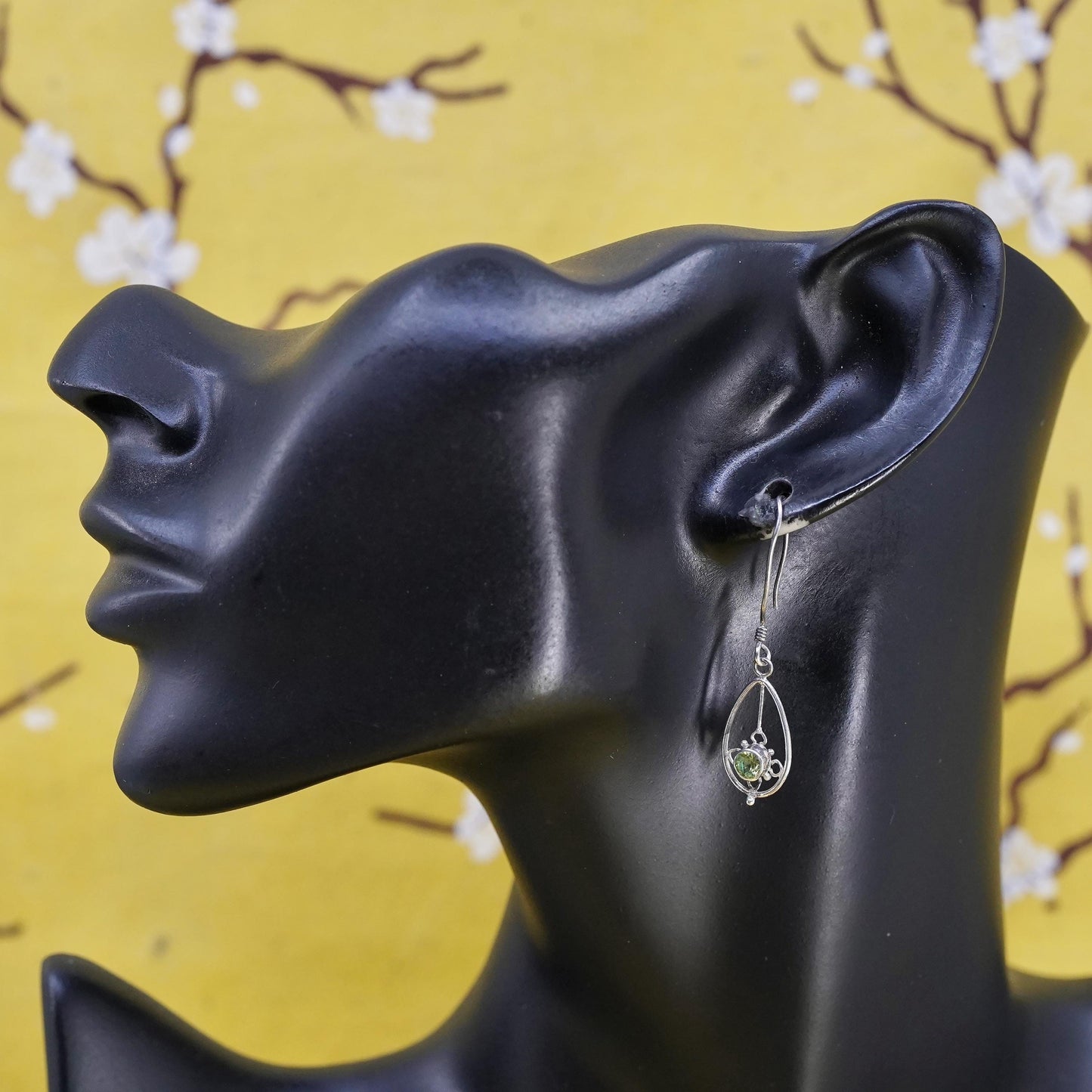 Vintage Sterling silver handmade earrings, 925 teardrop with peridot