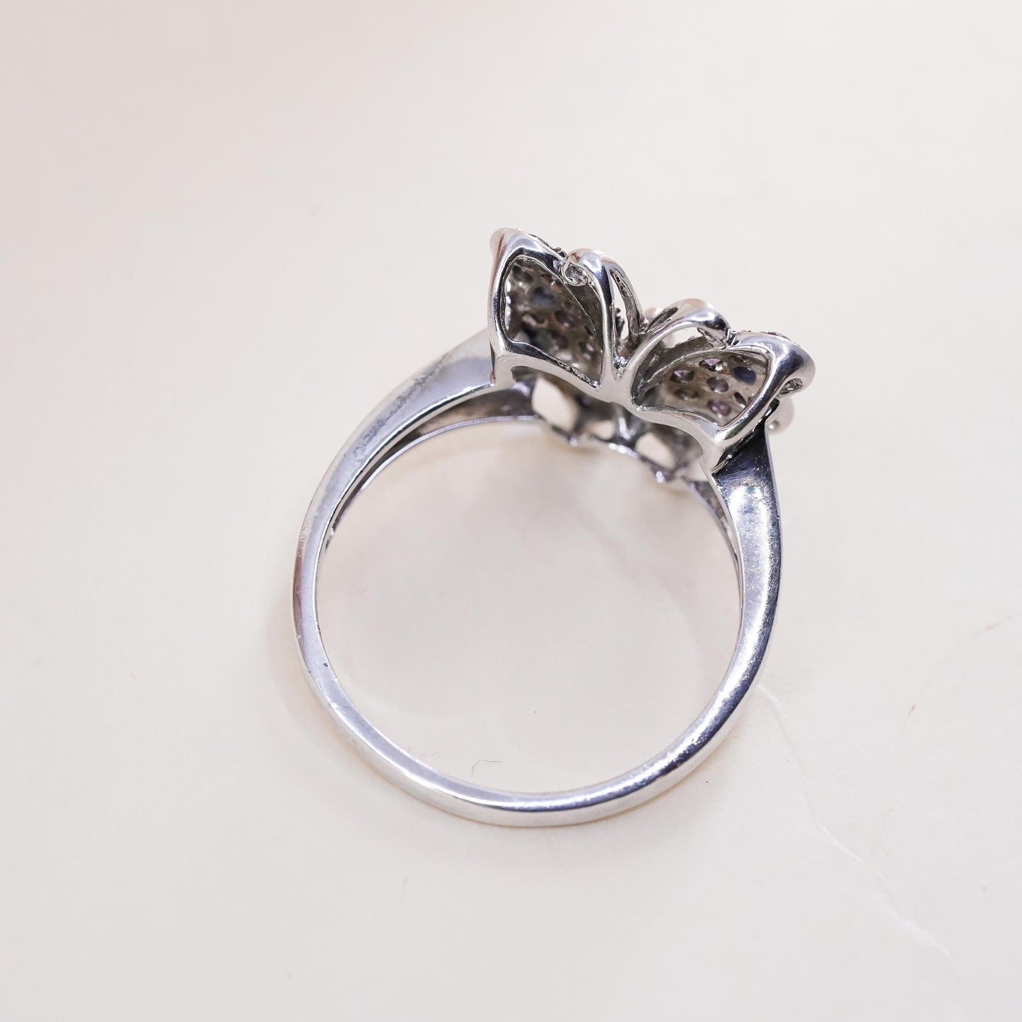 Size 9.5, Vintage Sterling 925 silver handmade butterfly ring cluster amethyst