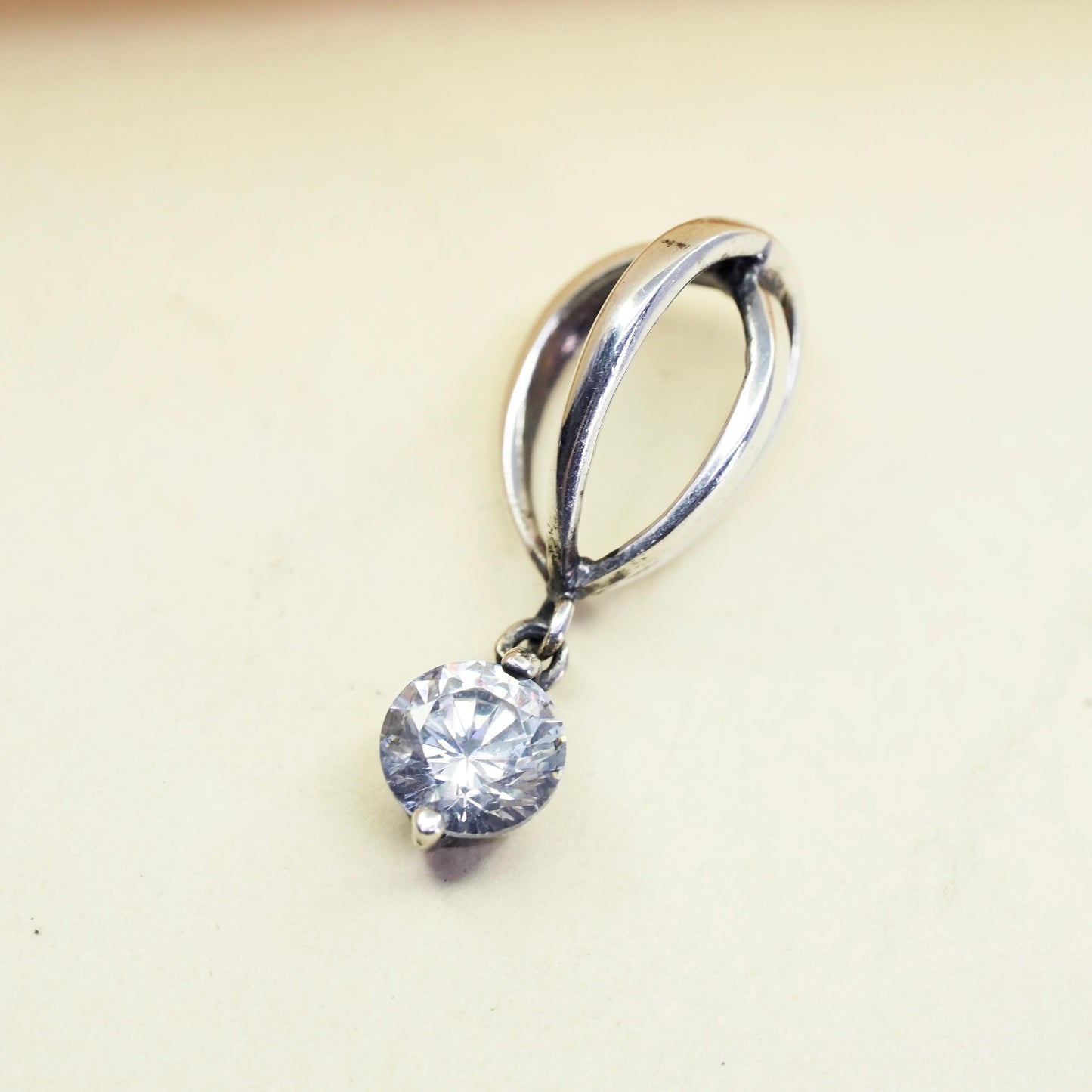 Vintage modern sterling 925 silver cage pendant with cz charm