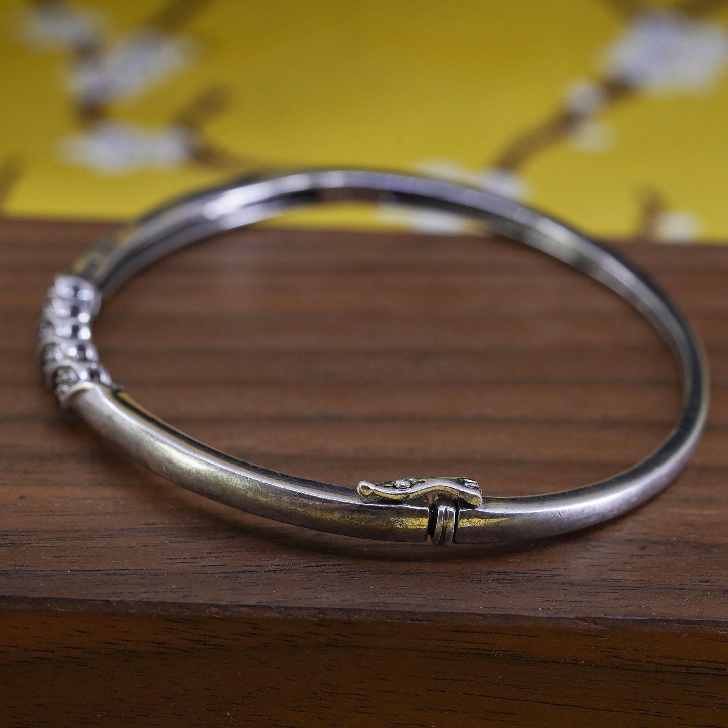 7”, Vintage Sterling silver bracelet, 925 hinged bangle with diamonds