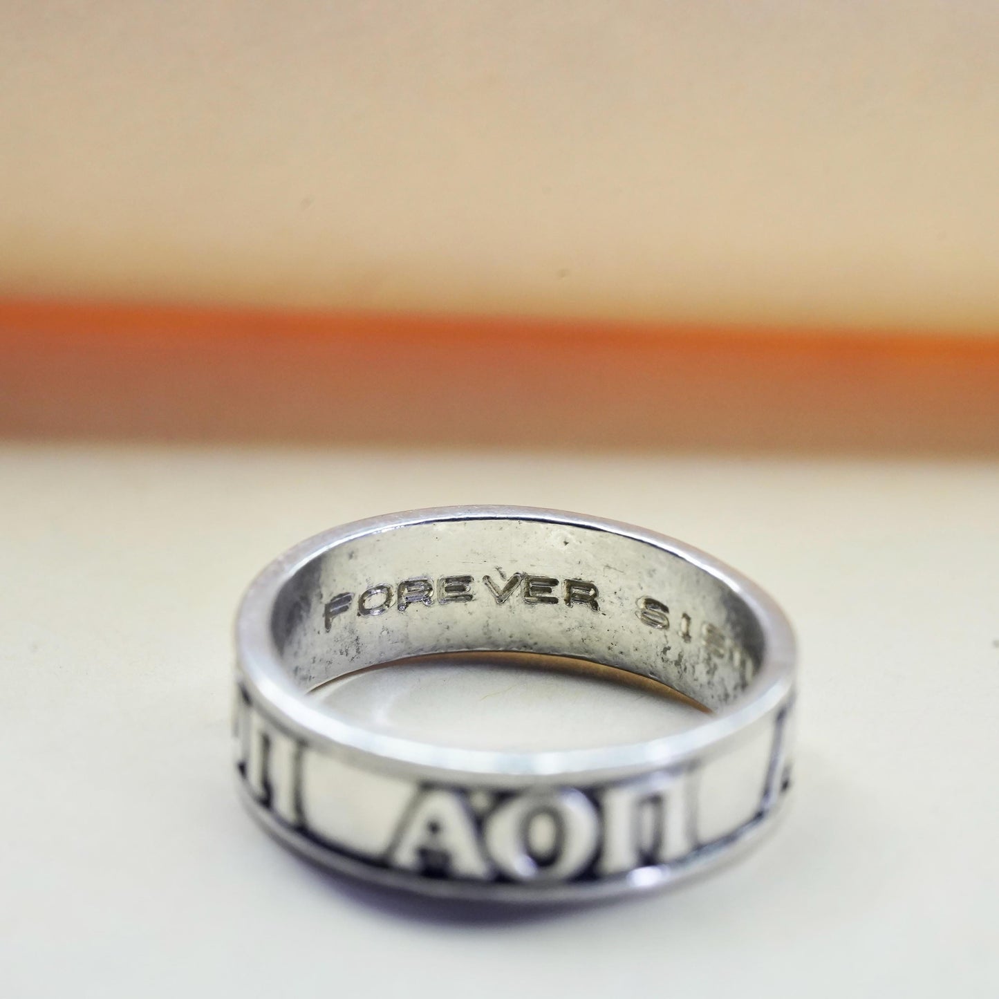 Size 6, Sterling 925 Silver Letter Band Ring | Raised Alphabet alpha omicron pi