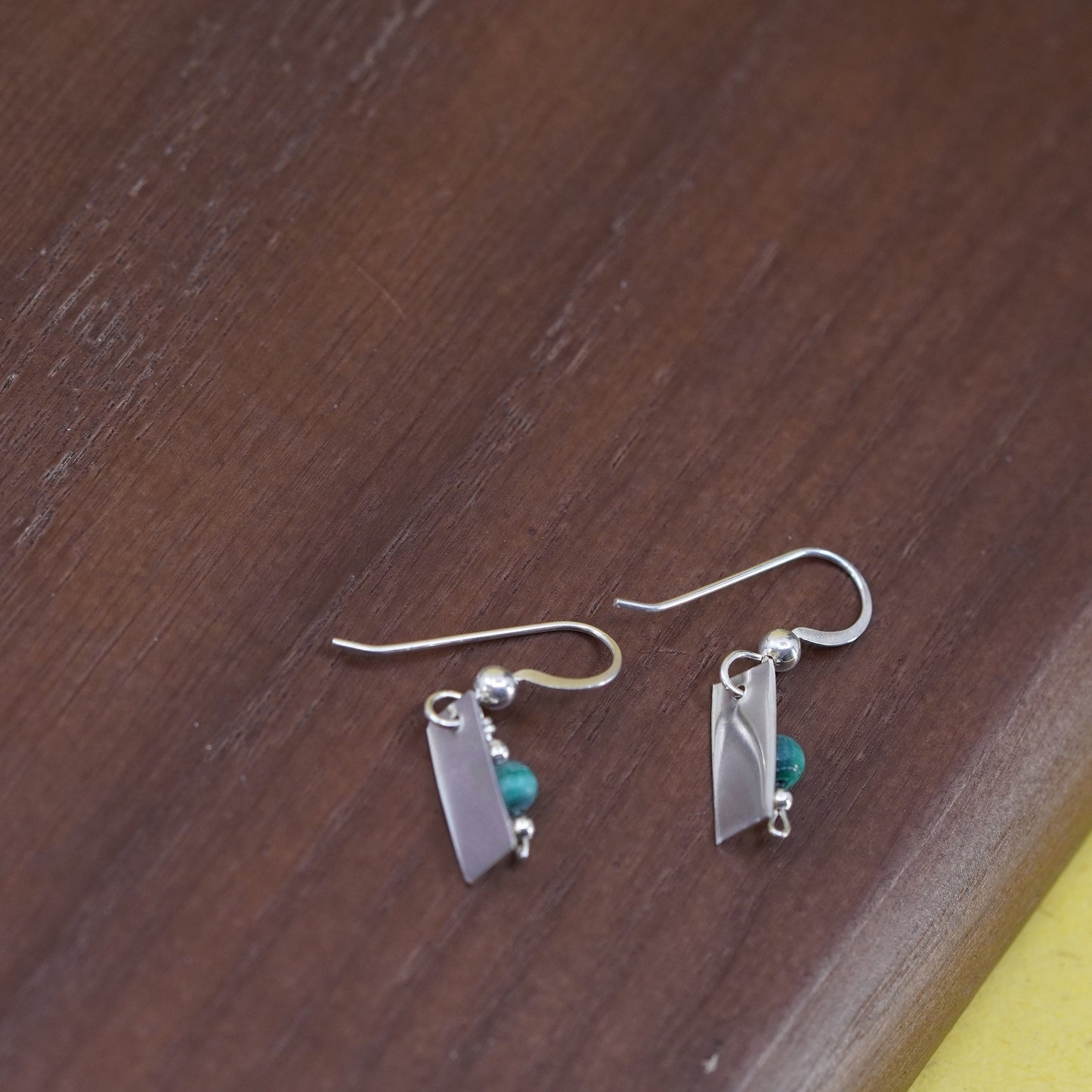 Vintage Sterling 925 silver handmade tag earrings with turquoise bead