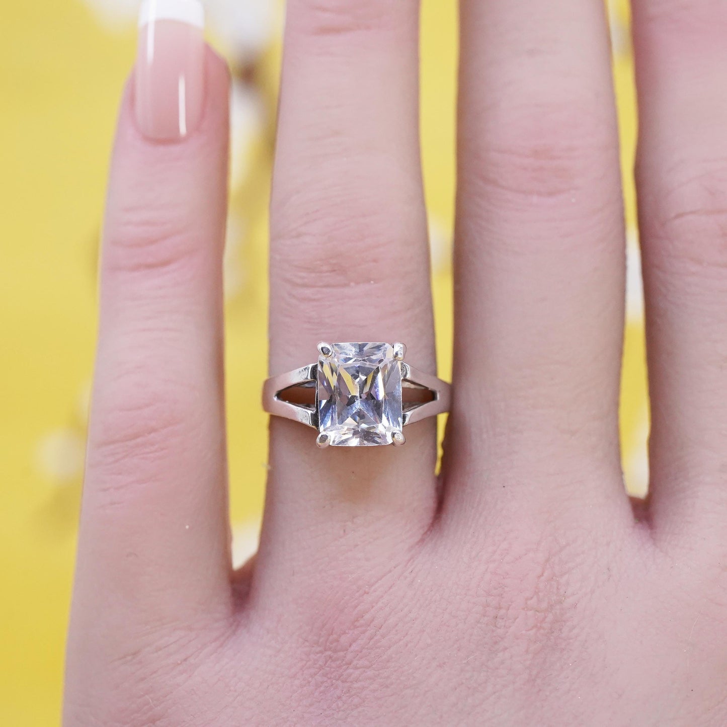 Size 7, vintage Sterling 925 silver anniversary ring with clear emerald cut cz