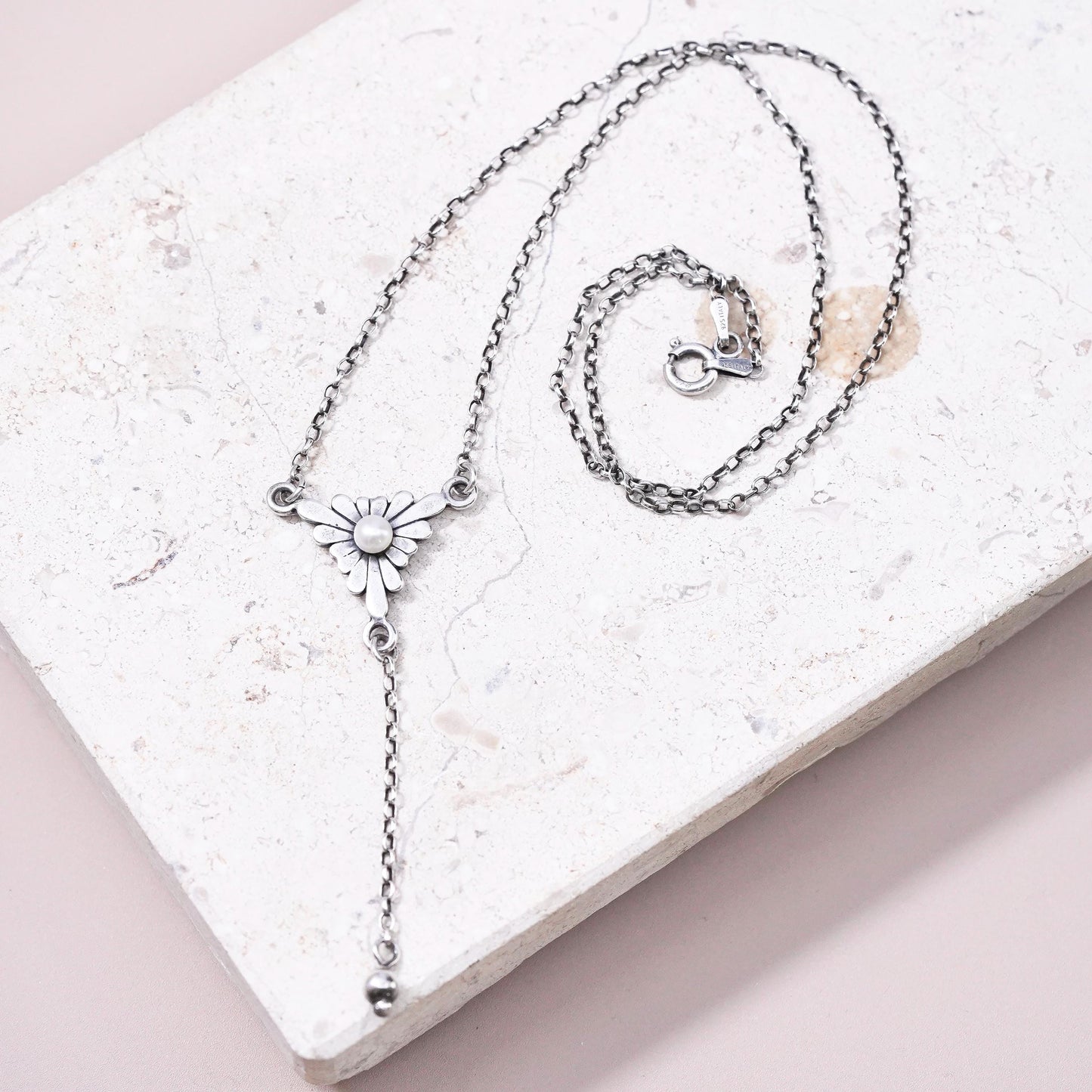 16", vintage Sterling 925 silver handmade necklace w/ freshwater pearl pendant