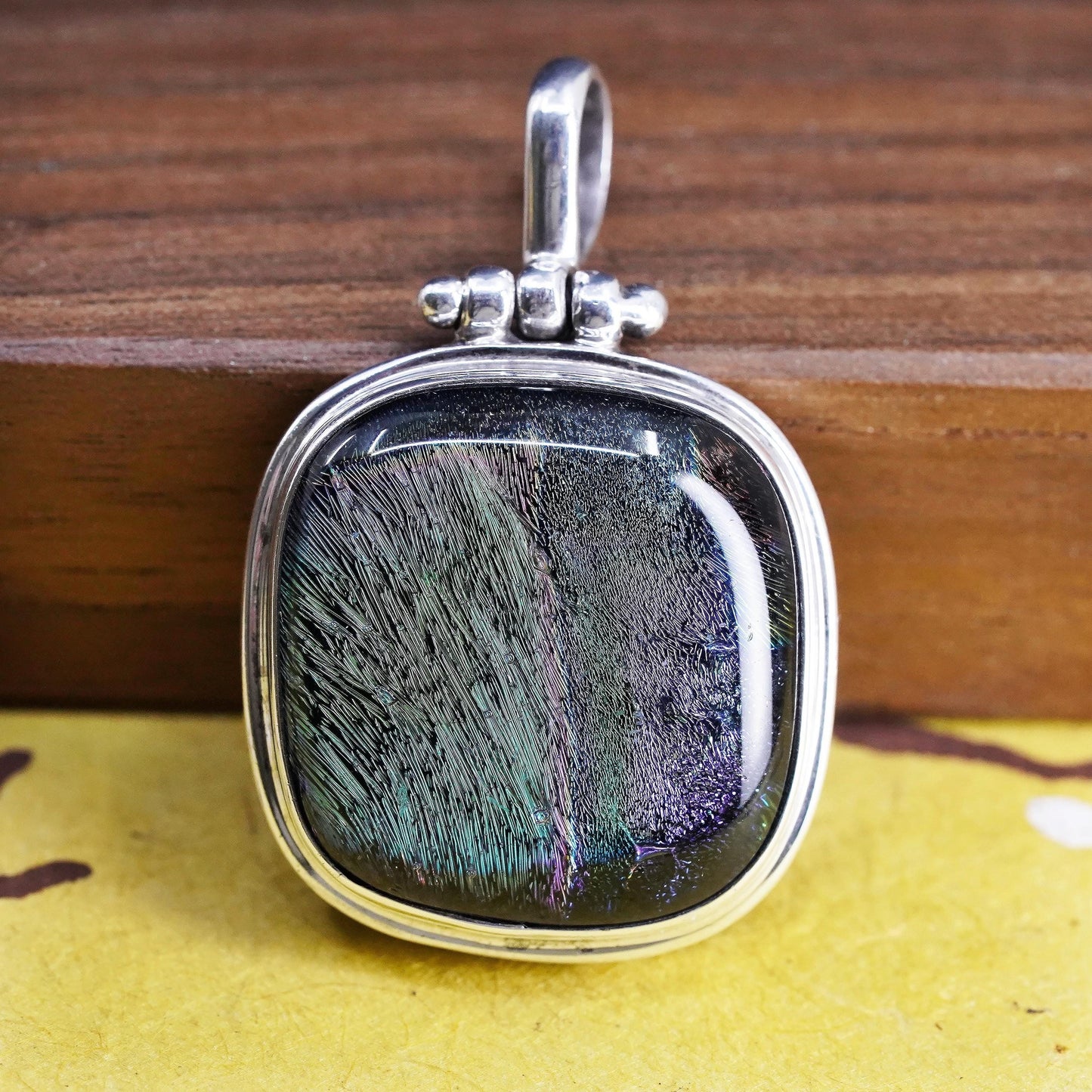 Vintage Sterling 925 silver handmade pendant with foil glass, unique