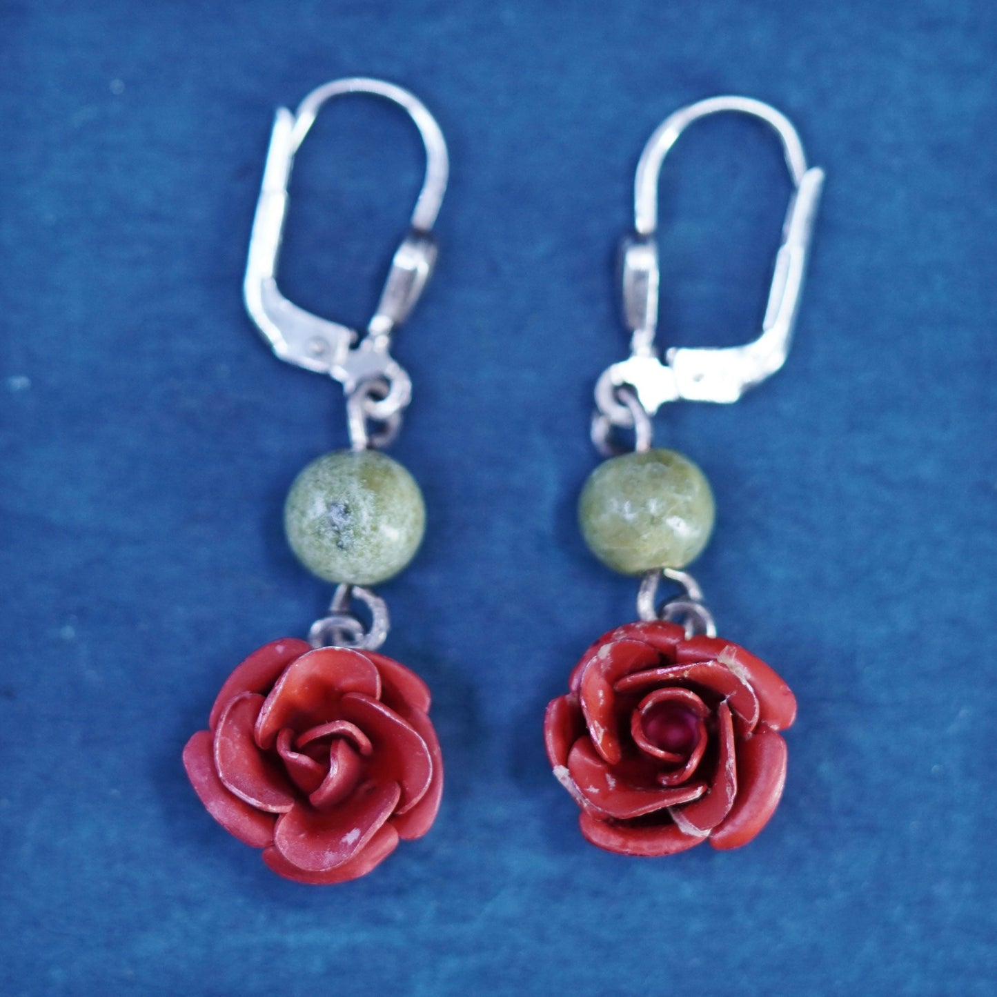 Vintage Sterling 925 silver handmade earrings jade bead and rose flower dangles