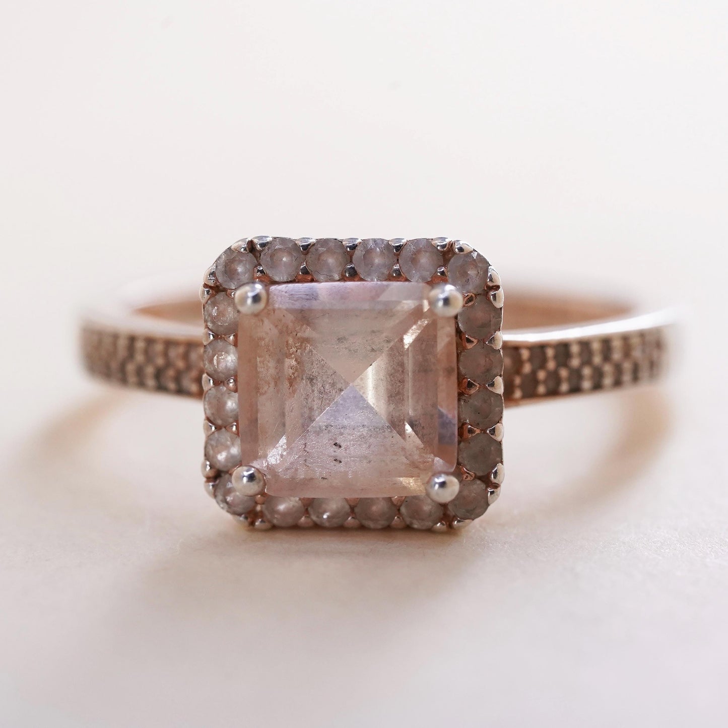 Size 7, antique vermeil gold over sterling silver ring with square crystal
