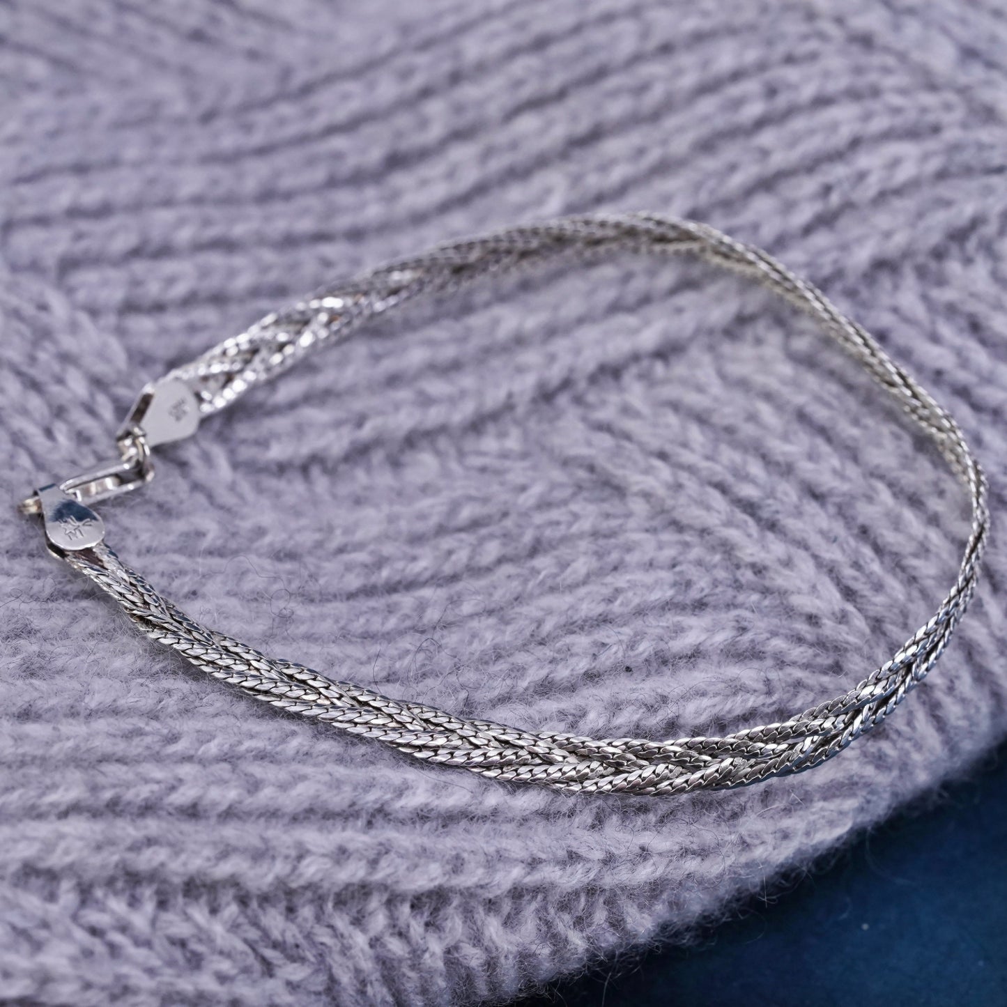 7.75", 6mm, vintage Sterling silver bracelet, 925 woven flatten curb chain