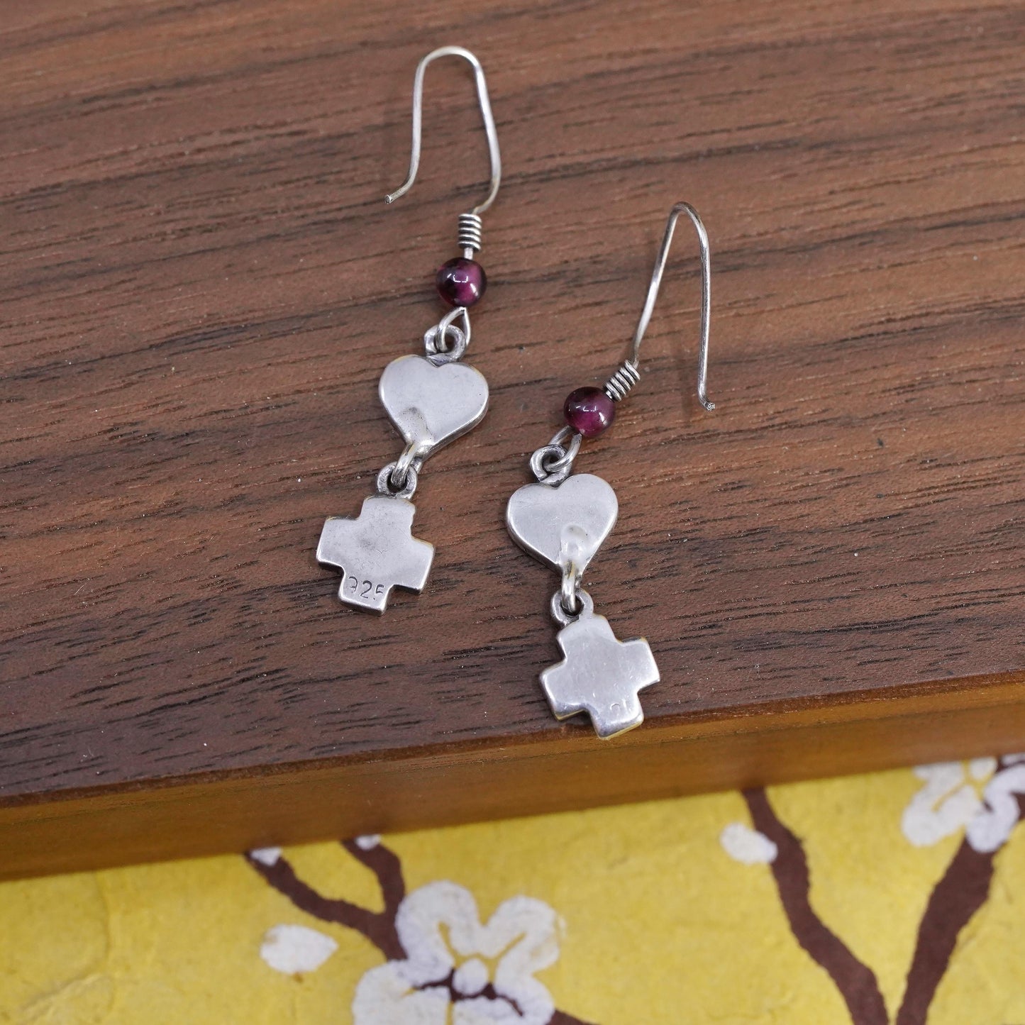 vintage handmade sterling silver earrings, 925 heart cross shaped dangles