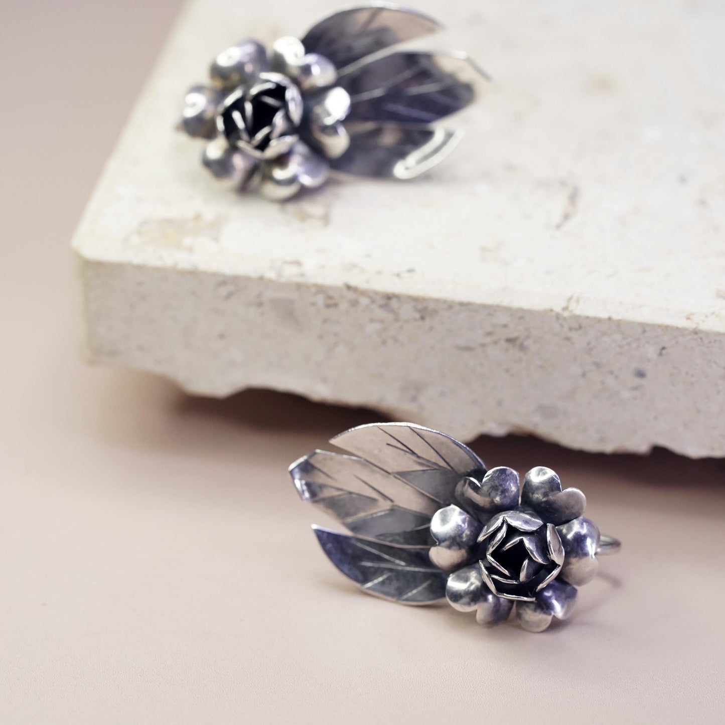 Vintage Sterling silver handmade earrings, 925 screw back flower