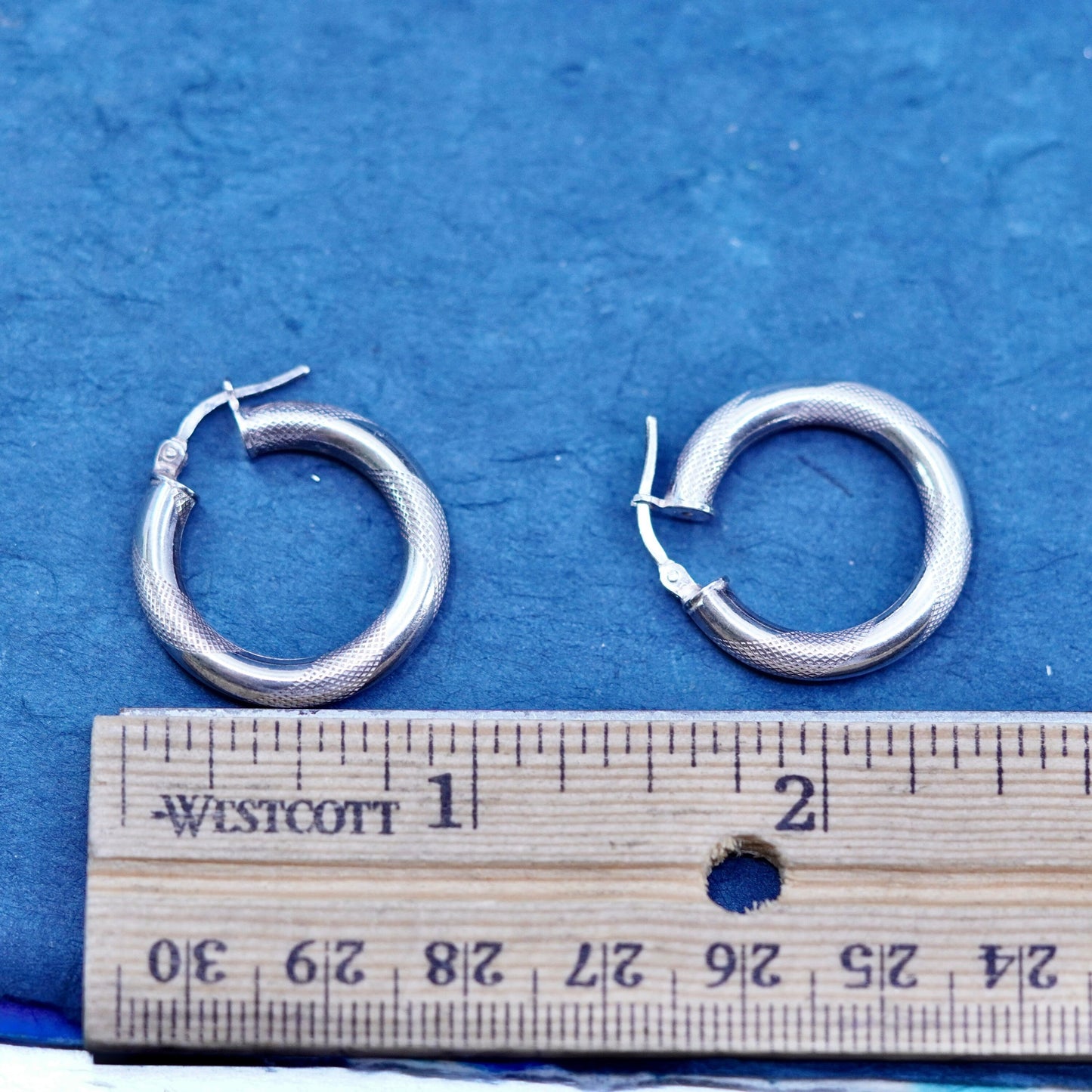 1”, two tone Italy Sterling silver handmade earrings, textured 925 hoops huggie
