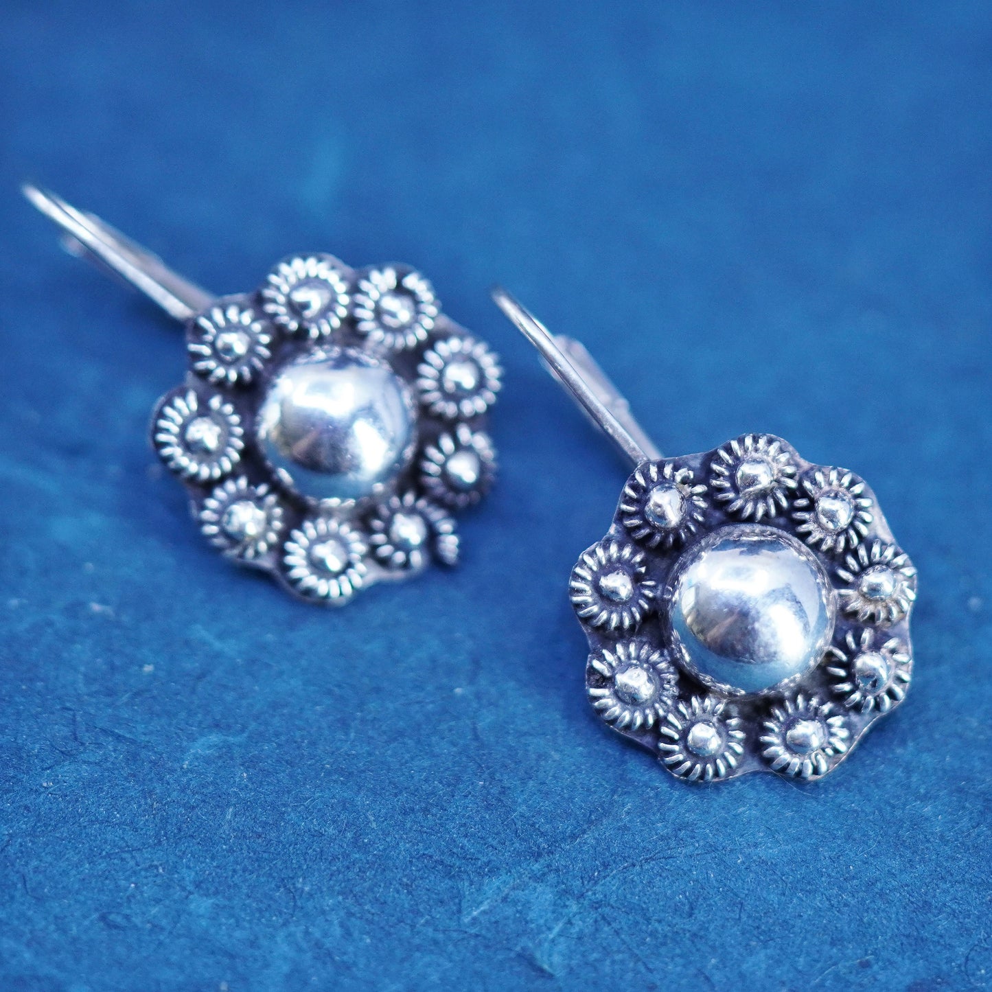 Vintage sterling silver handmade earrings, 925 circle shaped beaded drop