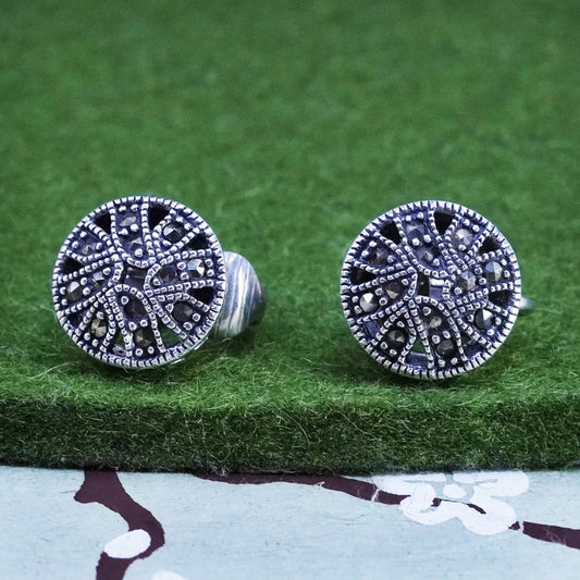 Vintage Sterling 925 silver handmade round clip on earrings with Marcasite