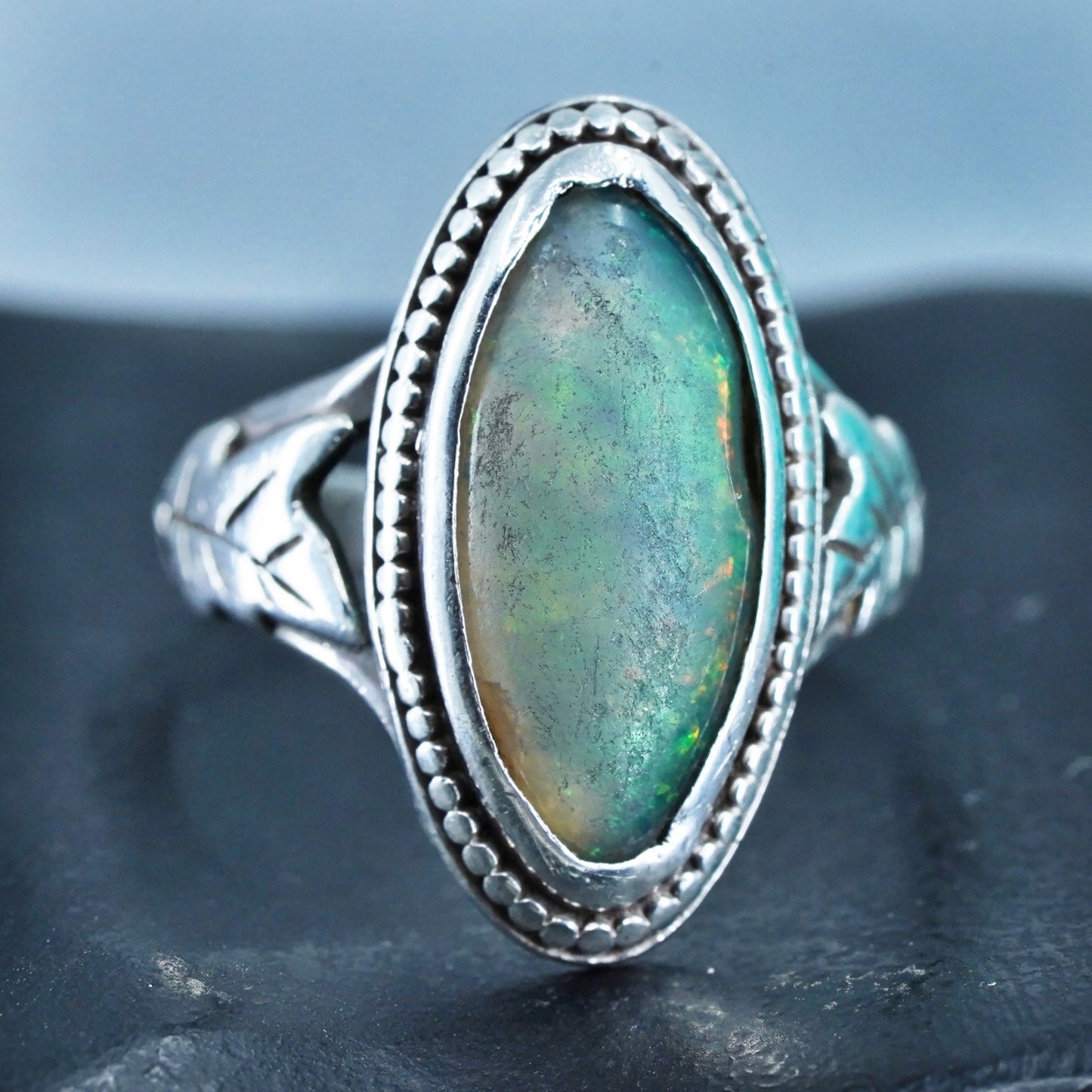 Size 7, vintage Sterling 925 silver handmade ring with marquise shaped opal