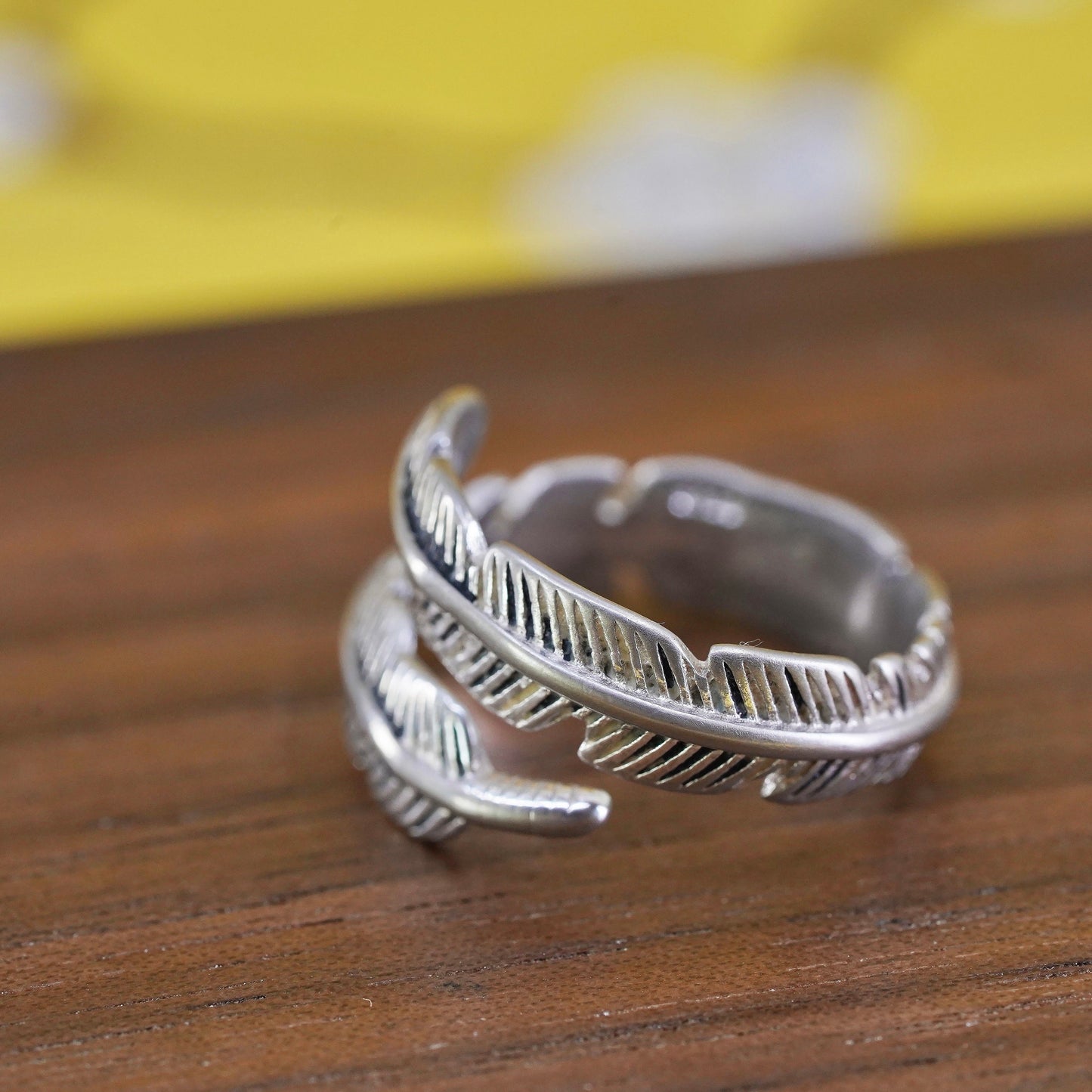 Size adjustable, vintage Sterling silver handmade ring, 925 feather wrap band