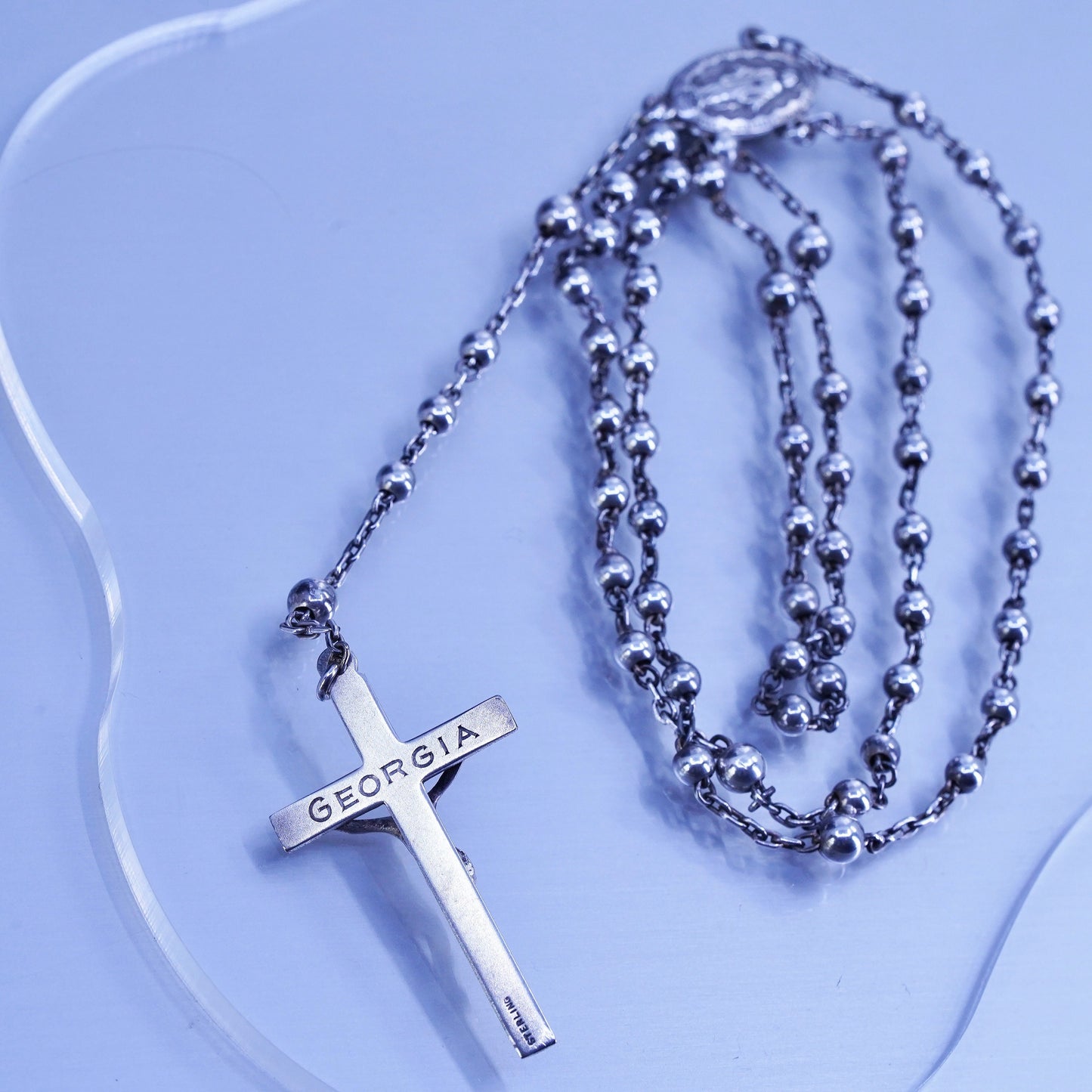 24”, Georgia sterling silver rosary necklace circle chain Jesus cross beads