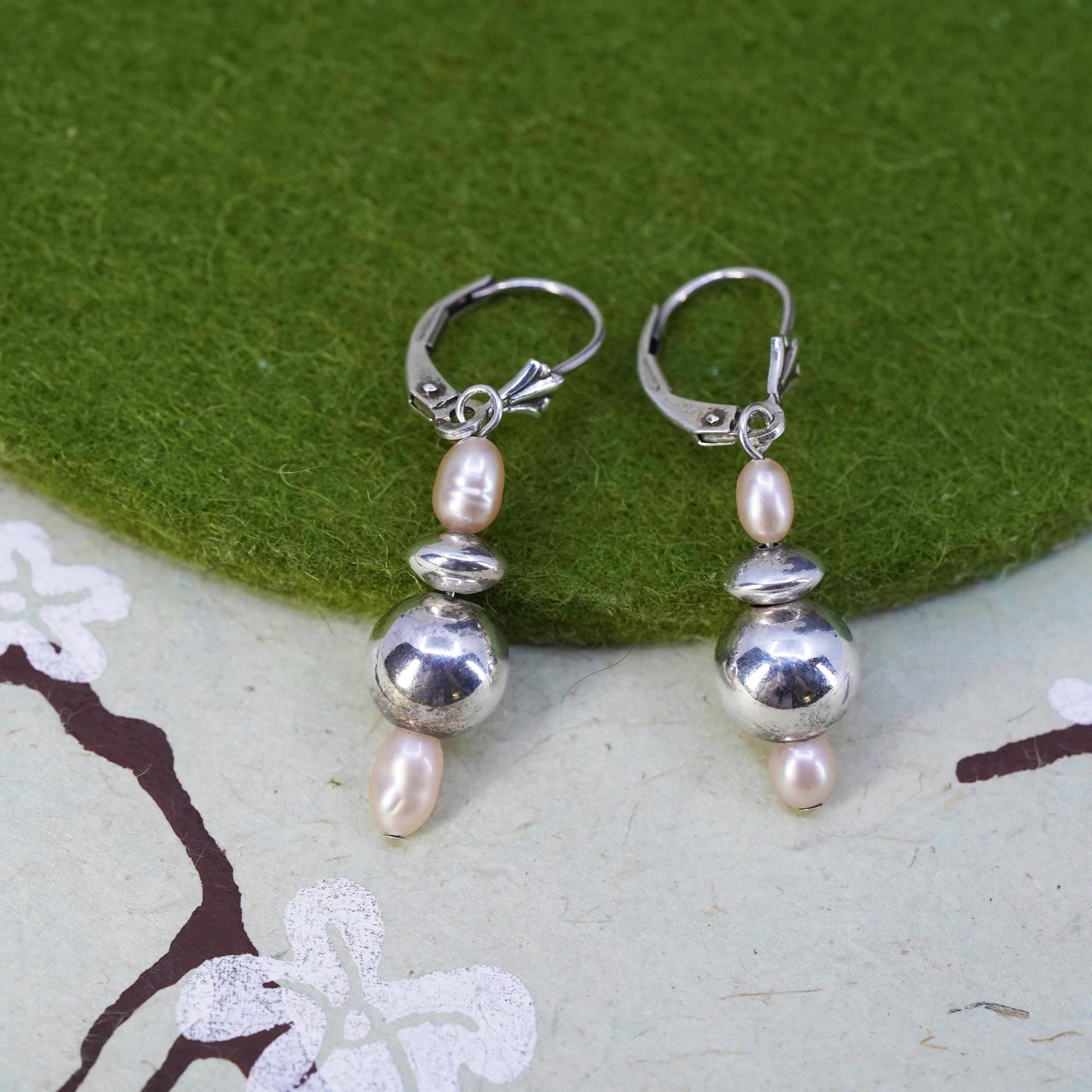 Vintage Sterling silver handmade earrings, 925 hooks with pearl drops and beads