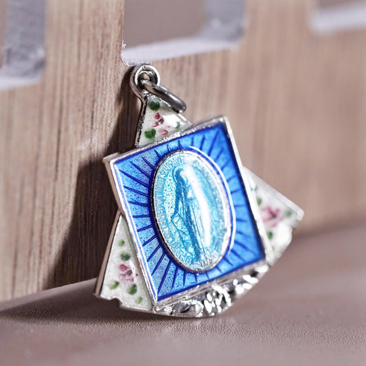 1950’s sterling 925 silver enamel miraculous Virgin Mary medal charm pendant