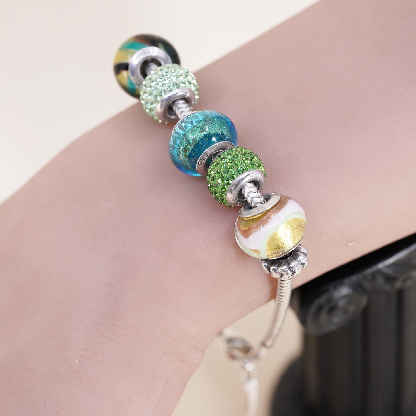 7.5", Ralph Lauren RL Sterling silver bracelet, 925 snake 5 green bead charms