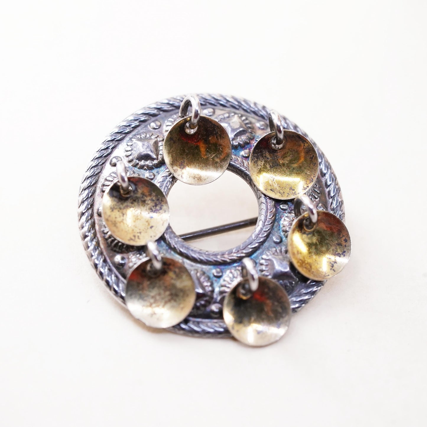 Norway Sterling Silver Brooch 925, Nordic Folk Pin with Discs, Tribal Jewelry