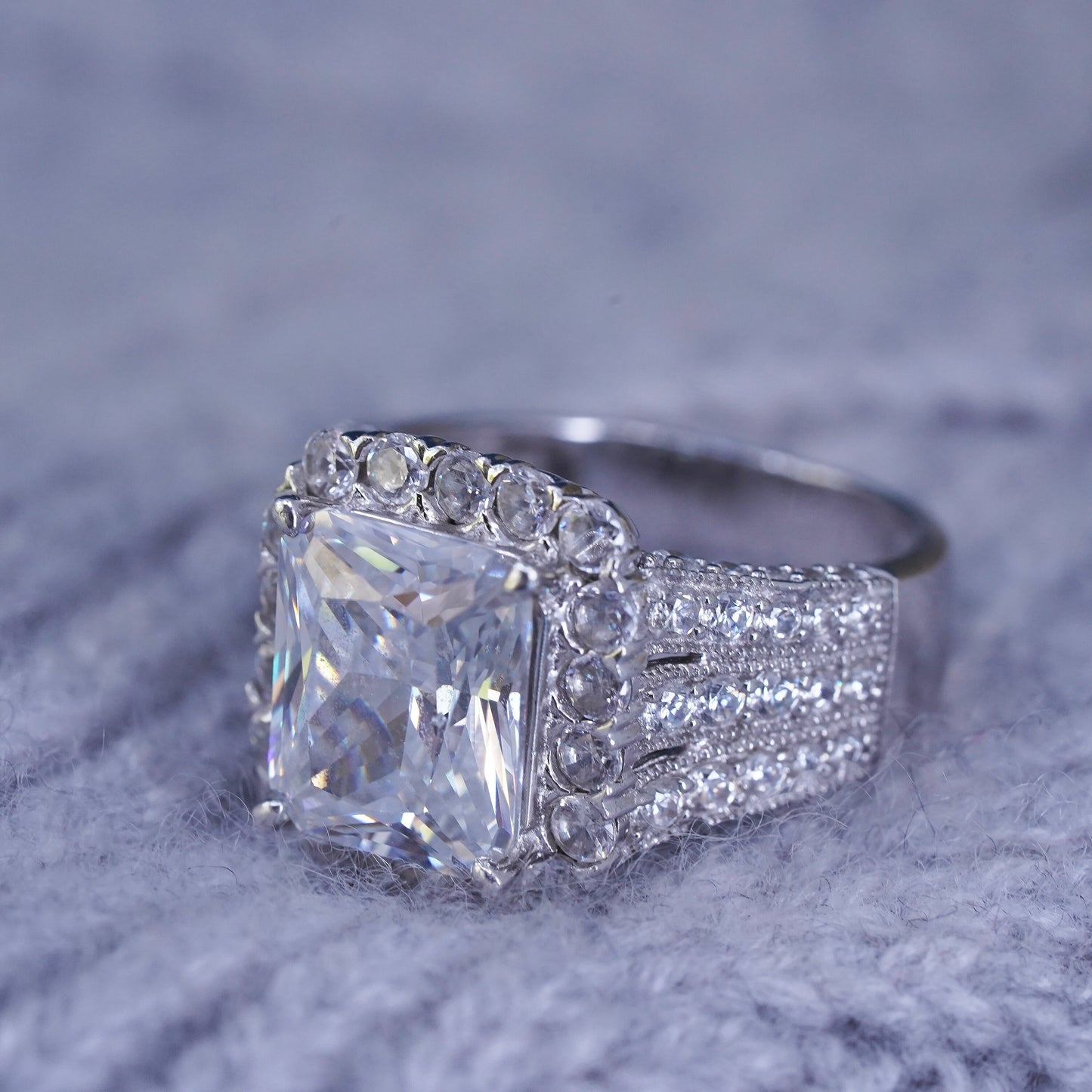 Size 9, vintage Sterling 925 silver engagement anniversary ring with cluster Cz